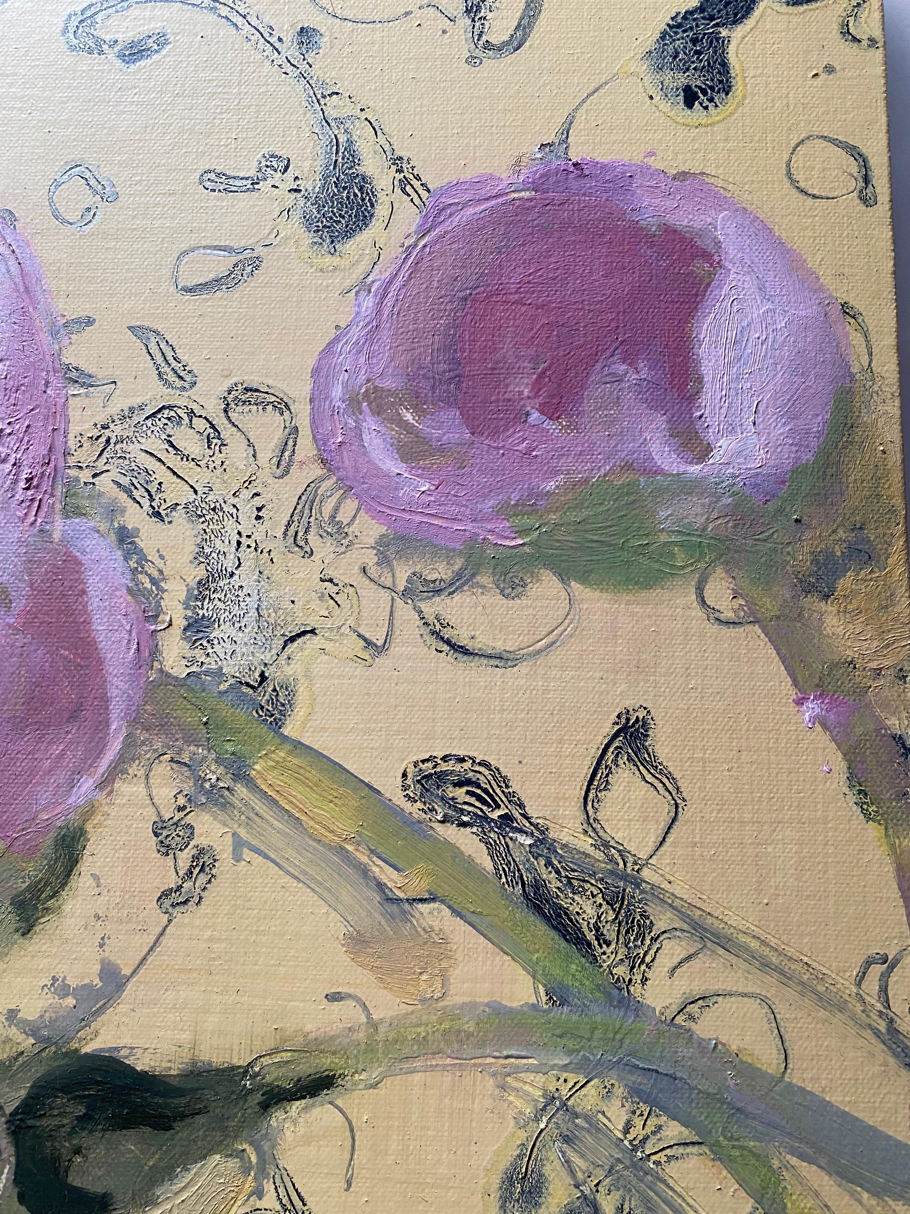 Morning Peonies, Botanical Still Life Painting, Pink Peony Flowers on Yellow 5