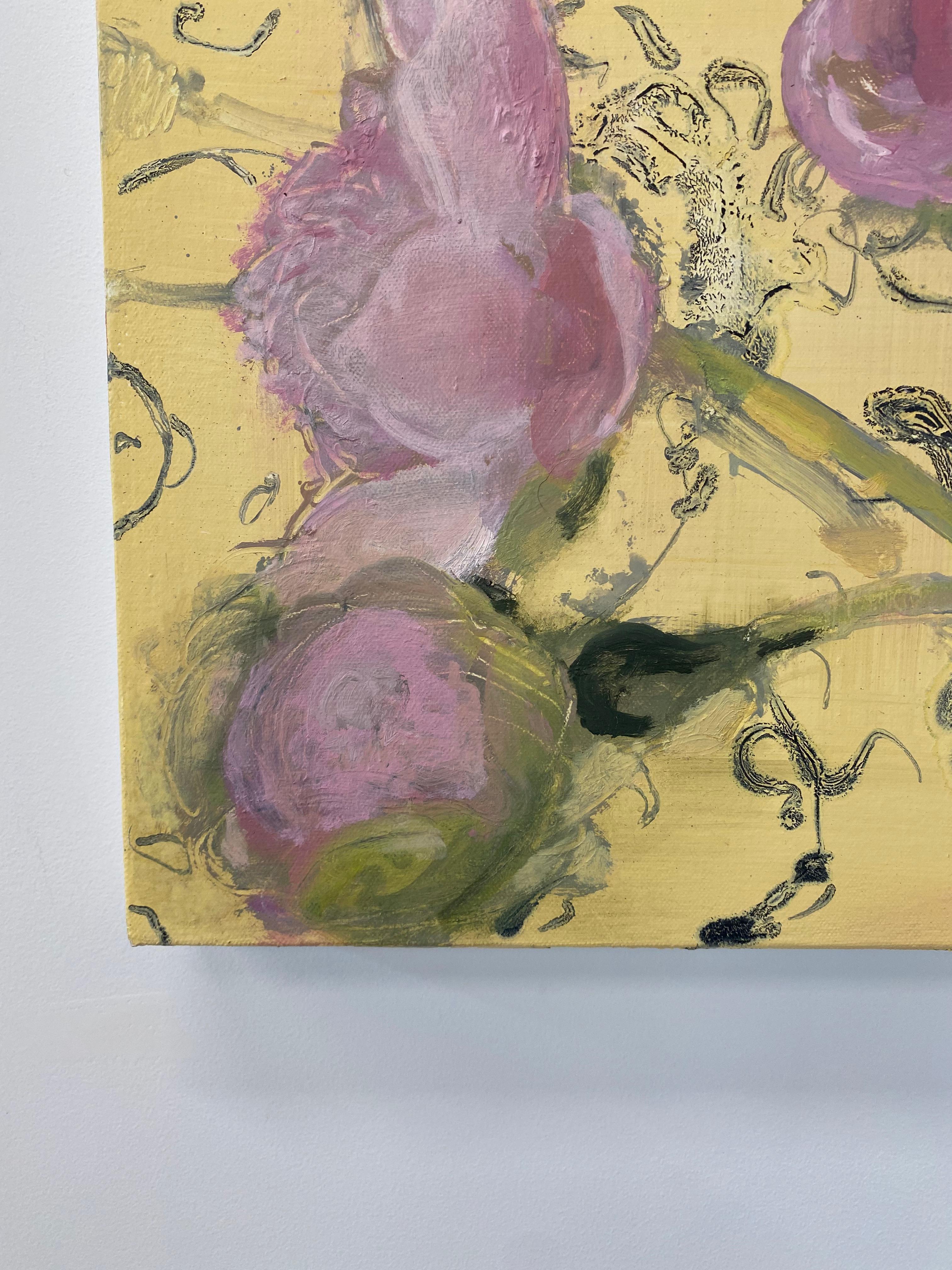 Morning Peonies, Botanical Still Life Painting, Pink Peony Flowers on Yellow 2