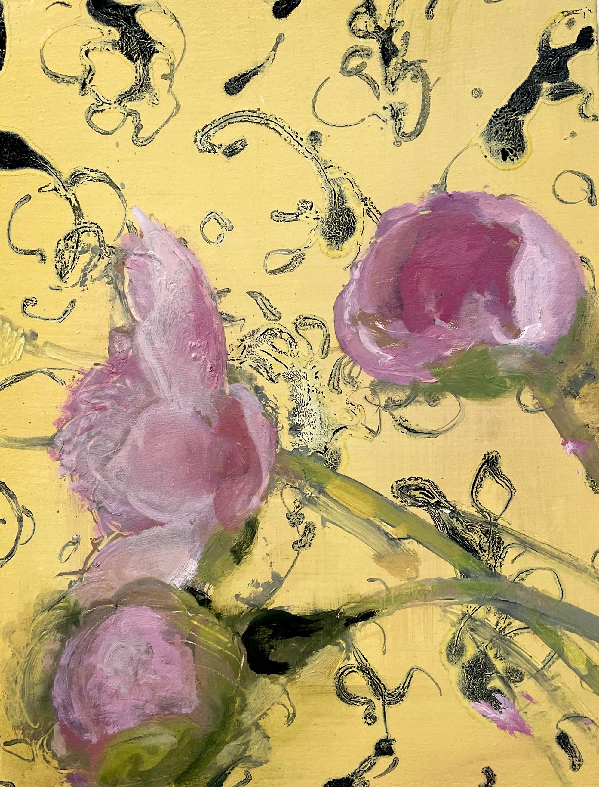 David Konigsberg Still-Life Painting - Morning Peonies, Botanical Still Life Painting, Pink Peony Flowers on Yellow