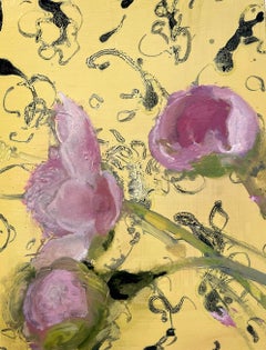 Morning Peonies, Botanical Still Life Painting, Pink Peony Flowers on Yellow