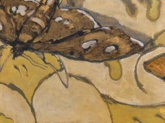 Moth and Tablecloth Diptych, Brown, Orange Moths, Yellow and Beige Background
