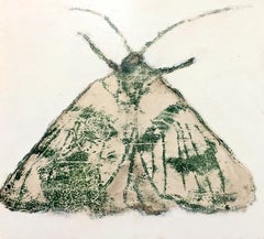 Moth Six, Monotype and Oil Painting, Gray, Ivory Insect on Off-White Background