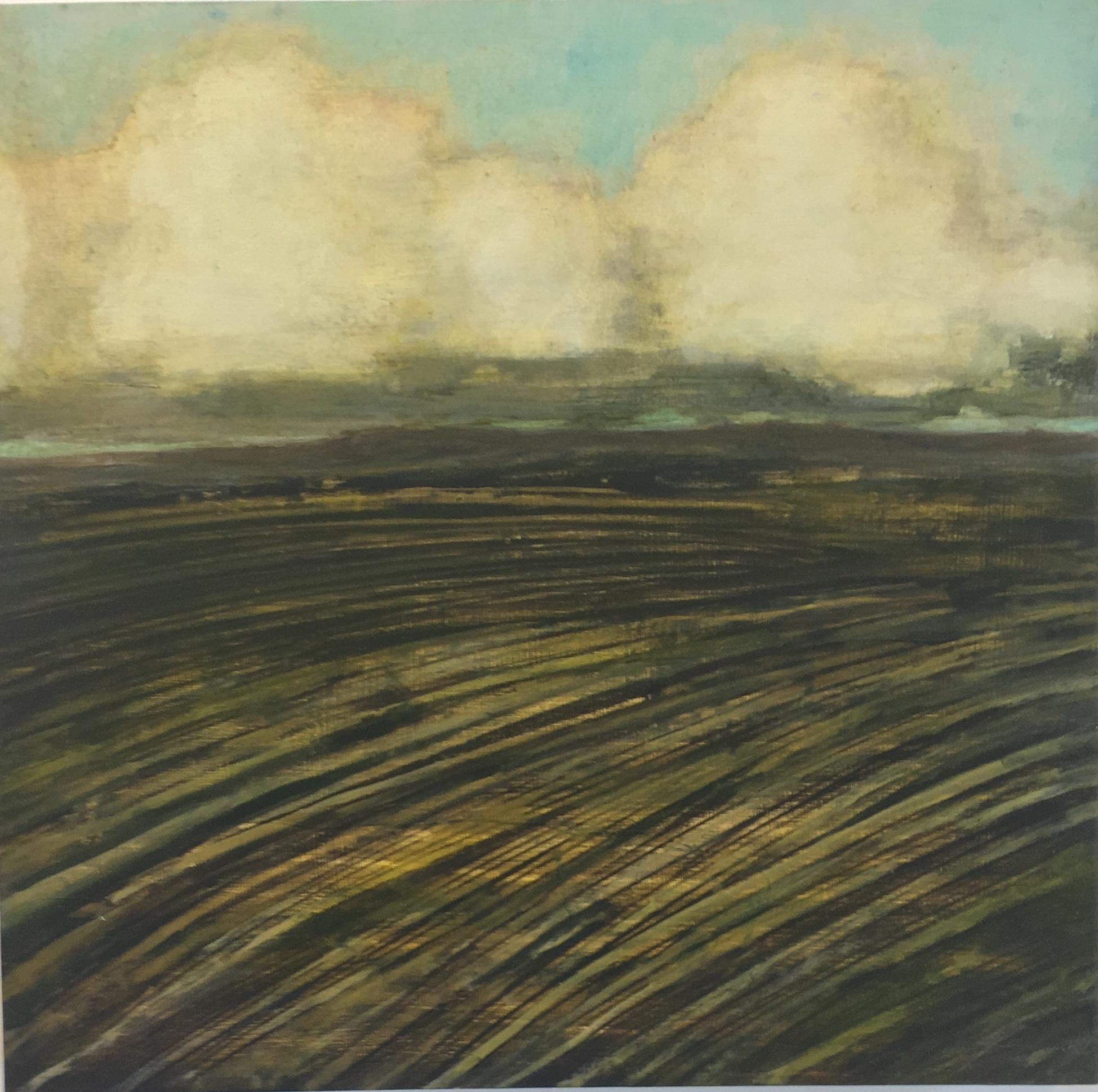 Landscape Painting David Konigsberg - Nouveau champ, peinture de paysage, nuages ivoire, ciel bleu pâle, terrain brun