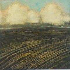 New Field, Landscape Painting of Ivory Clouds in Blue Sky, Gold and Brown Field