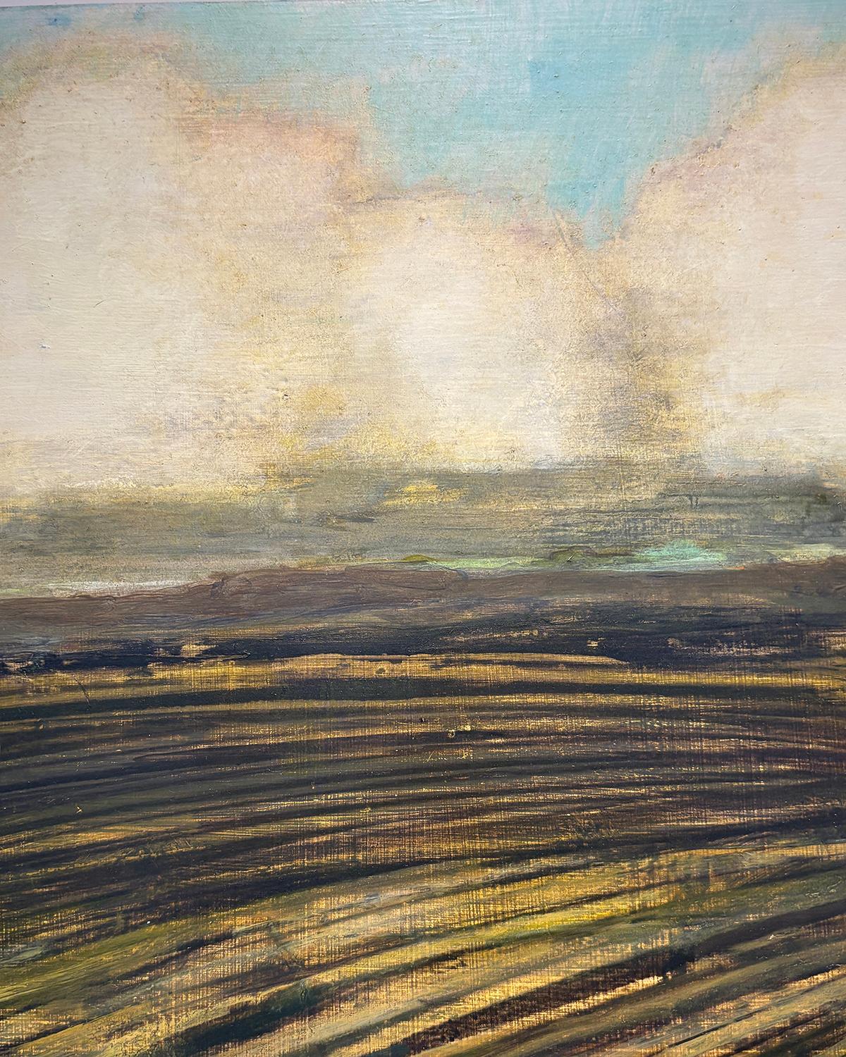 New Field (Landschaft mit flauschigen Wolken über einem weiten Feld) (Braun), Figurative Painting, von David Konigsberg