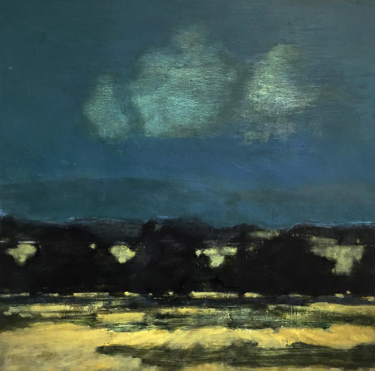 David Konigsberg Landscape Painting - Night Orchard, Teal Blue Sky Over Abstract Landscape Gold, Black, Cream 
