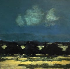 Night Orchard, Teal Blue Sky Over Abstract Landscape Gold, Black, Cream 