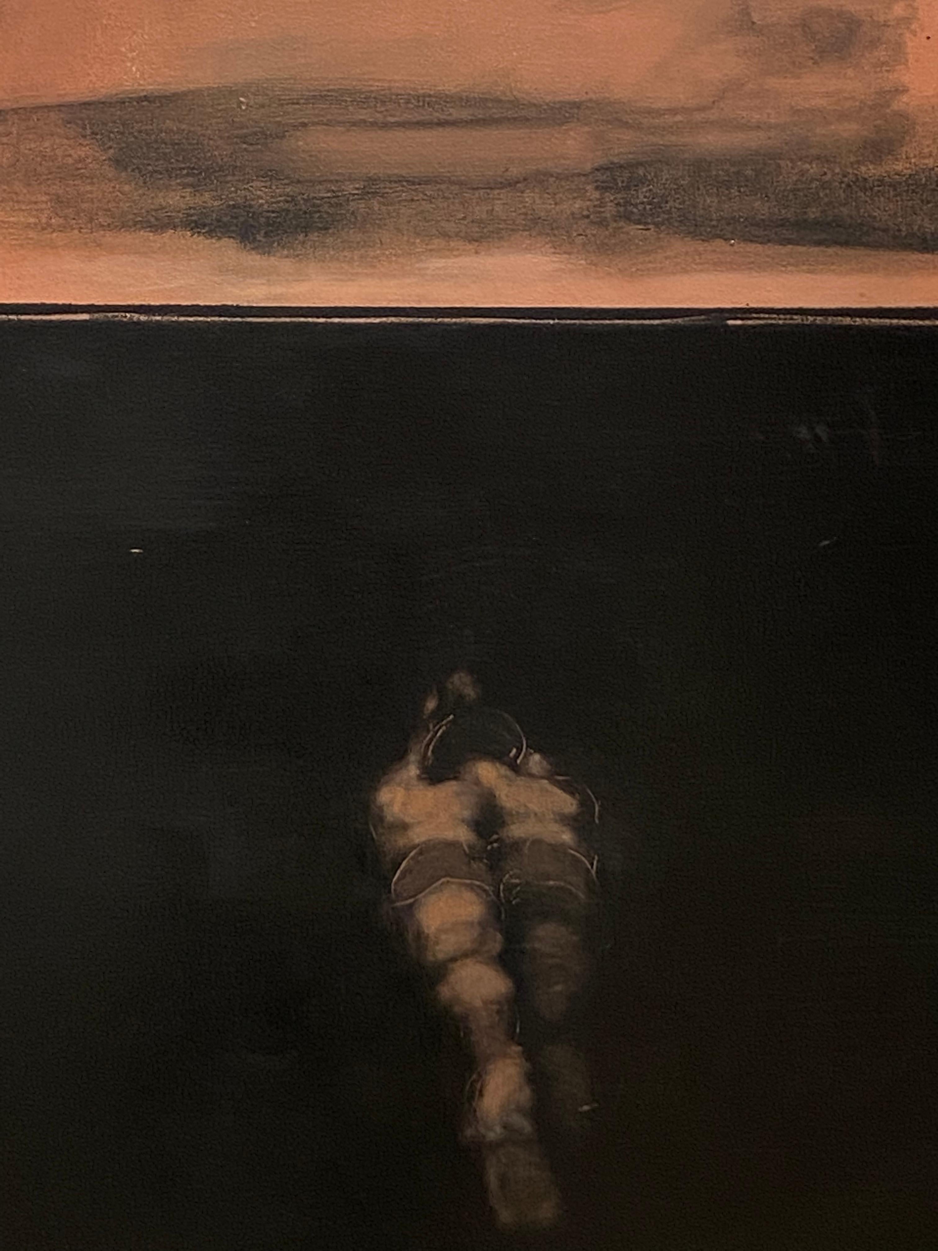 A nude figure swims in a dark charcoal black ocean, their arms reaching forward, while fluffy cumulus clouds float in the coral sky overhead. Signed, dated and titled on verso.

David Konigsberg applies many layers of thinned oil paint to achieve