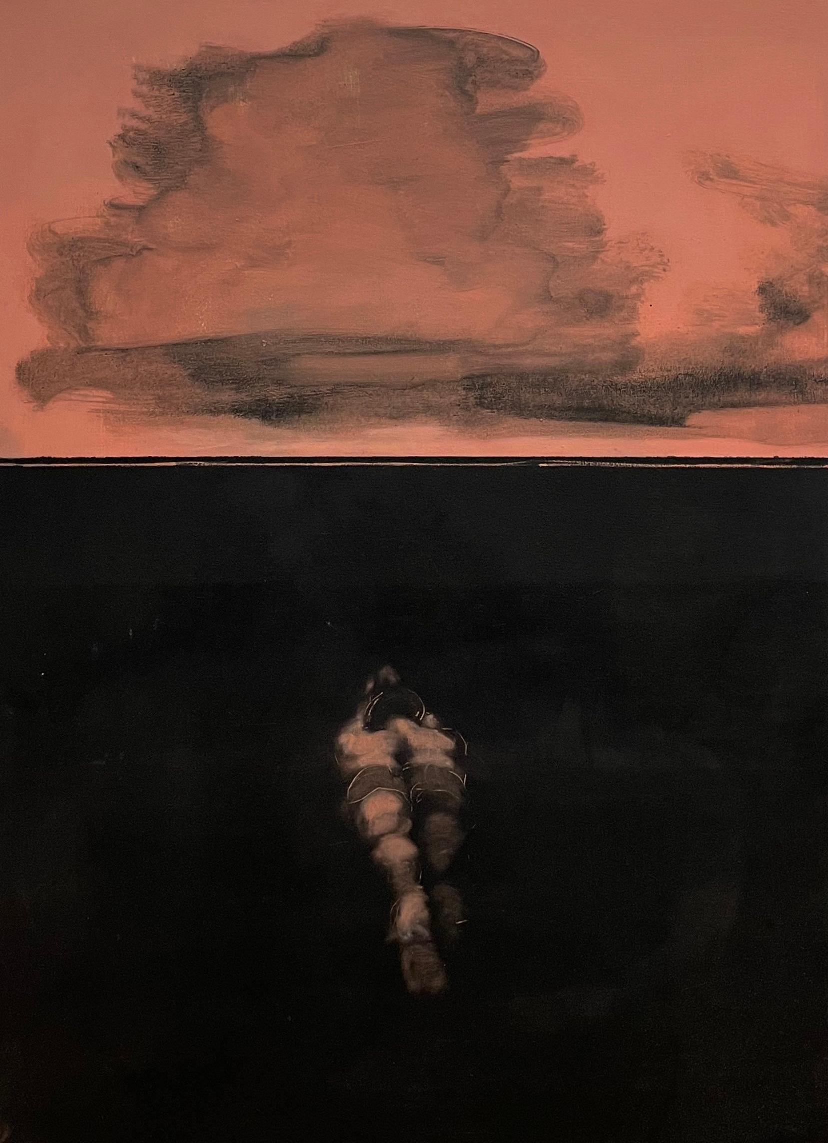 North by Northwest, Landscape, Figure Swimming, Black Ocean, Coral Sky, Clouds - Painting by David Konigsberg