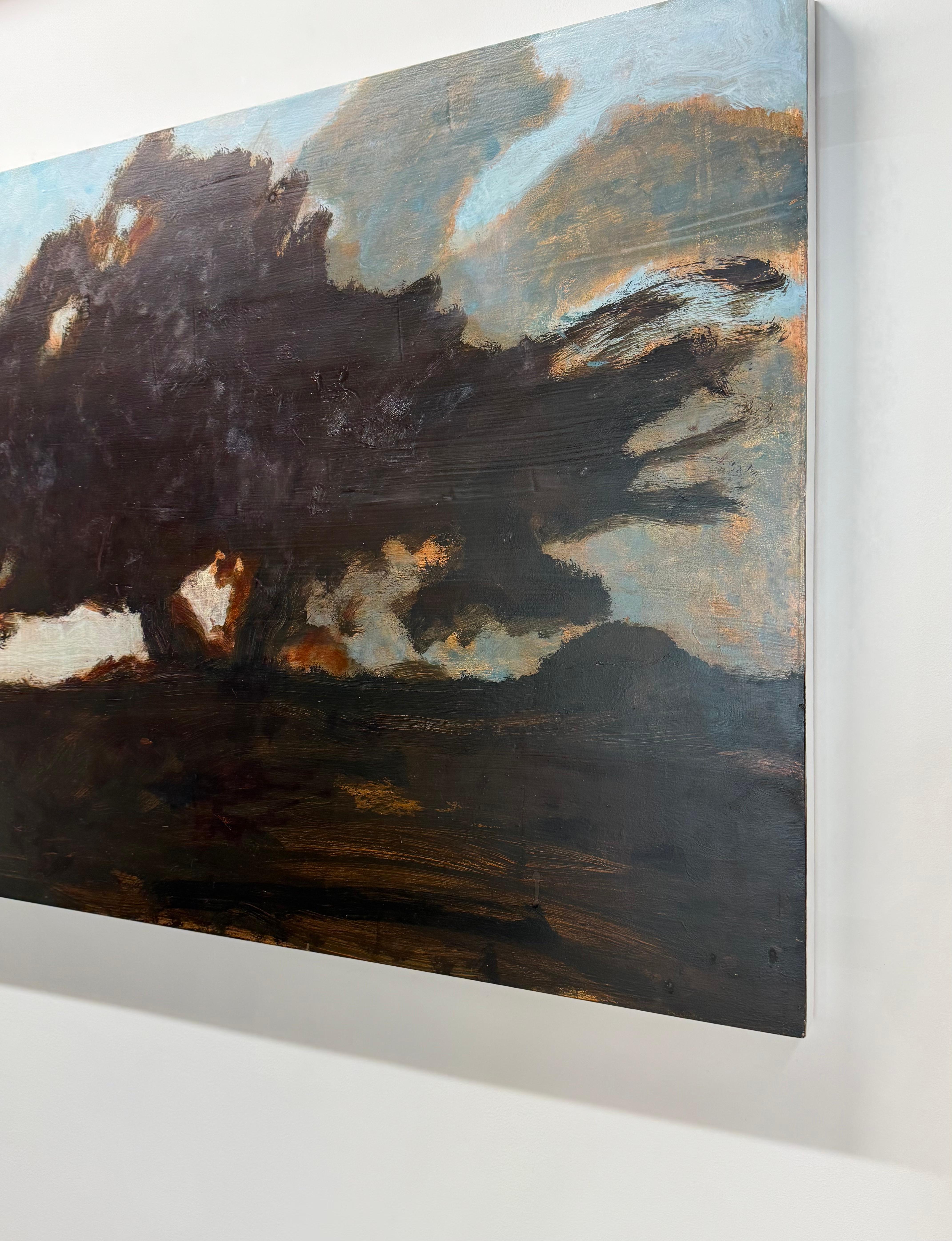 Oak at Dusk - Contemporary Landscape Gray Clouds Blue Sky Brown Tree, 2025 For Sale 7