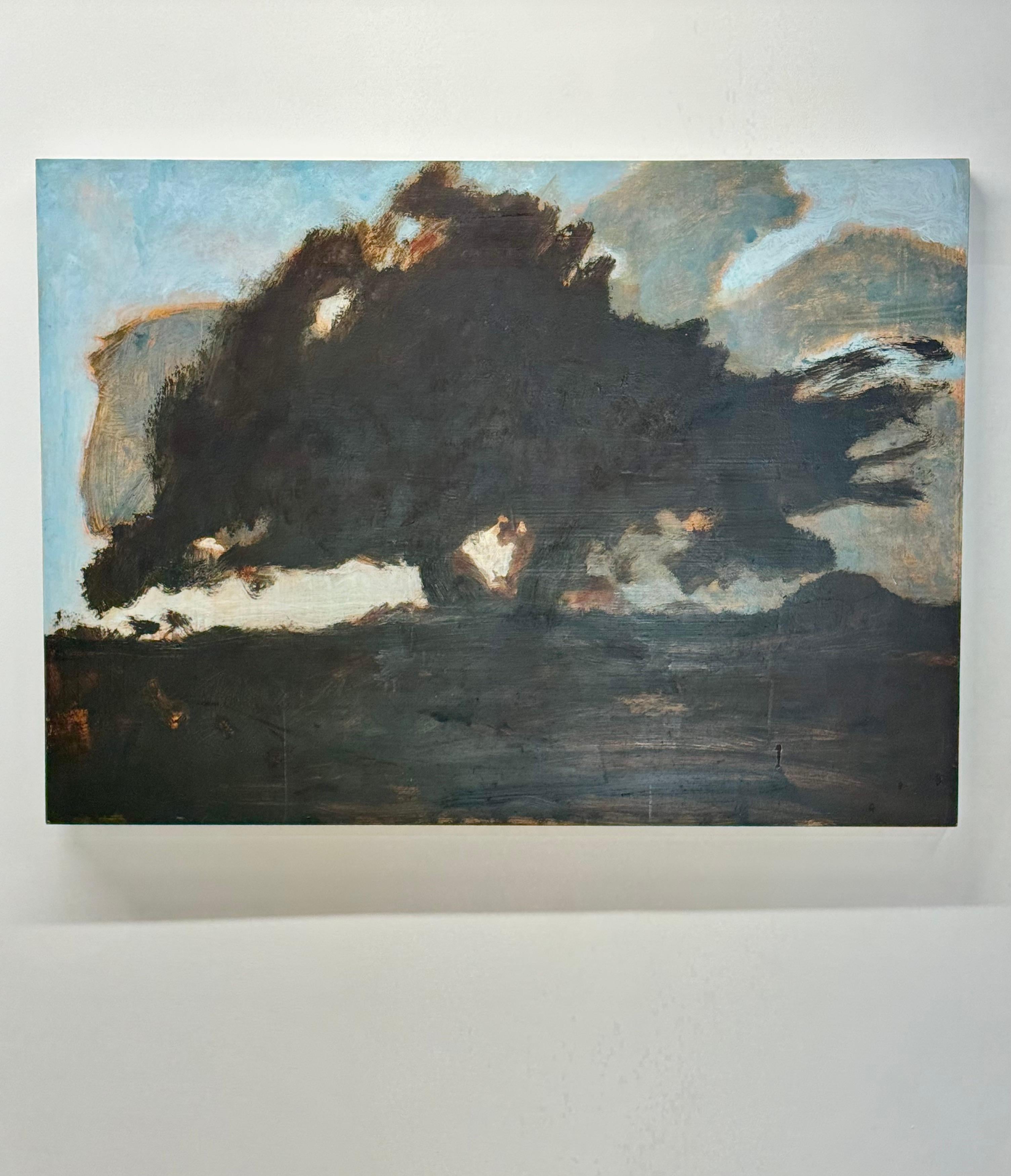 Oak at Dusk - Contemporary Landscape Gray Clouds Blue Sky Brown Tree, 2025 - Painting by David Konigsberg