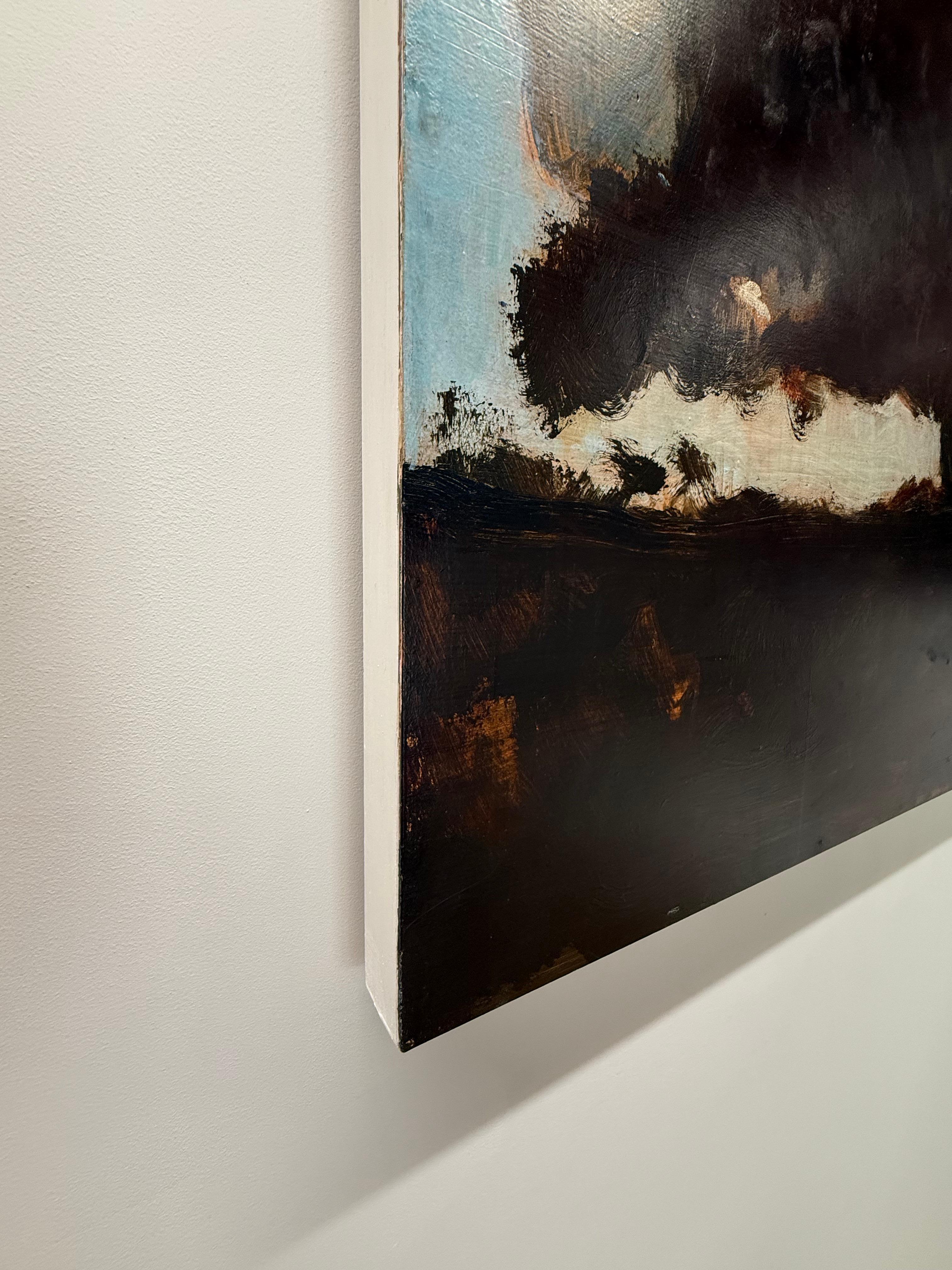 Oak at Dusk - Contemporary Landscape Gray Clouds Blue Sky Brown Tree, 2025 - Black Landscape Painting by David Konigsberg