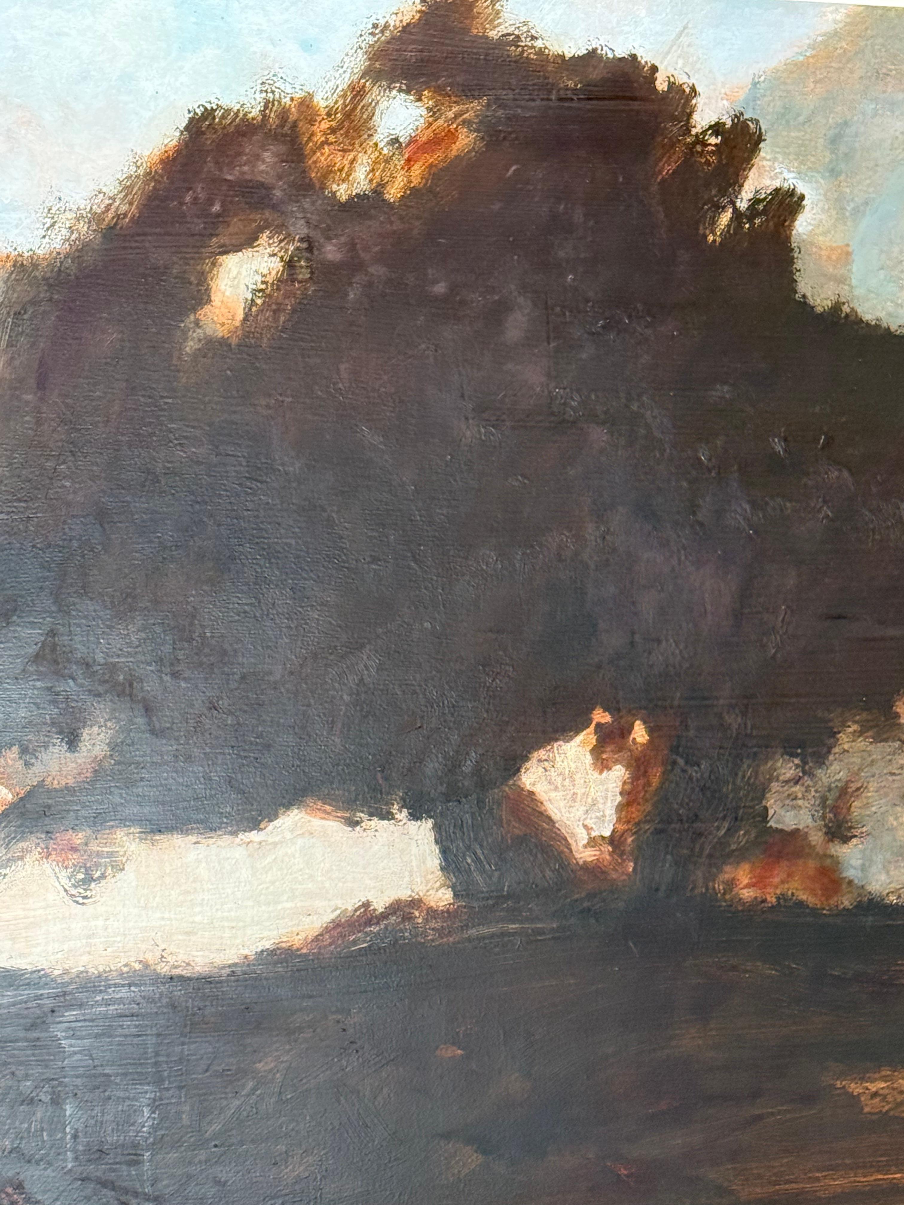 Oak at Dusk - Contemporary Landscape Gray Clouds Blue Sky Brown Tree, 2025 For Sale 1