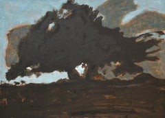 Oak au crépuscule - Paysage contemporain Nuages gris Ciel bleu Arbre brun, 2025