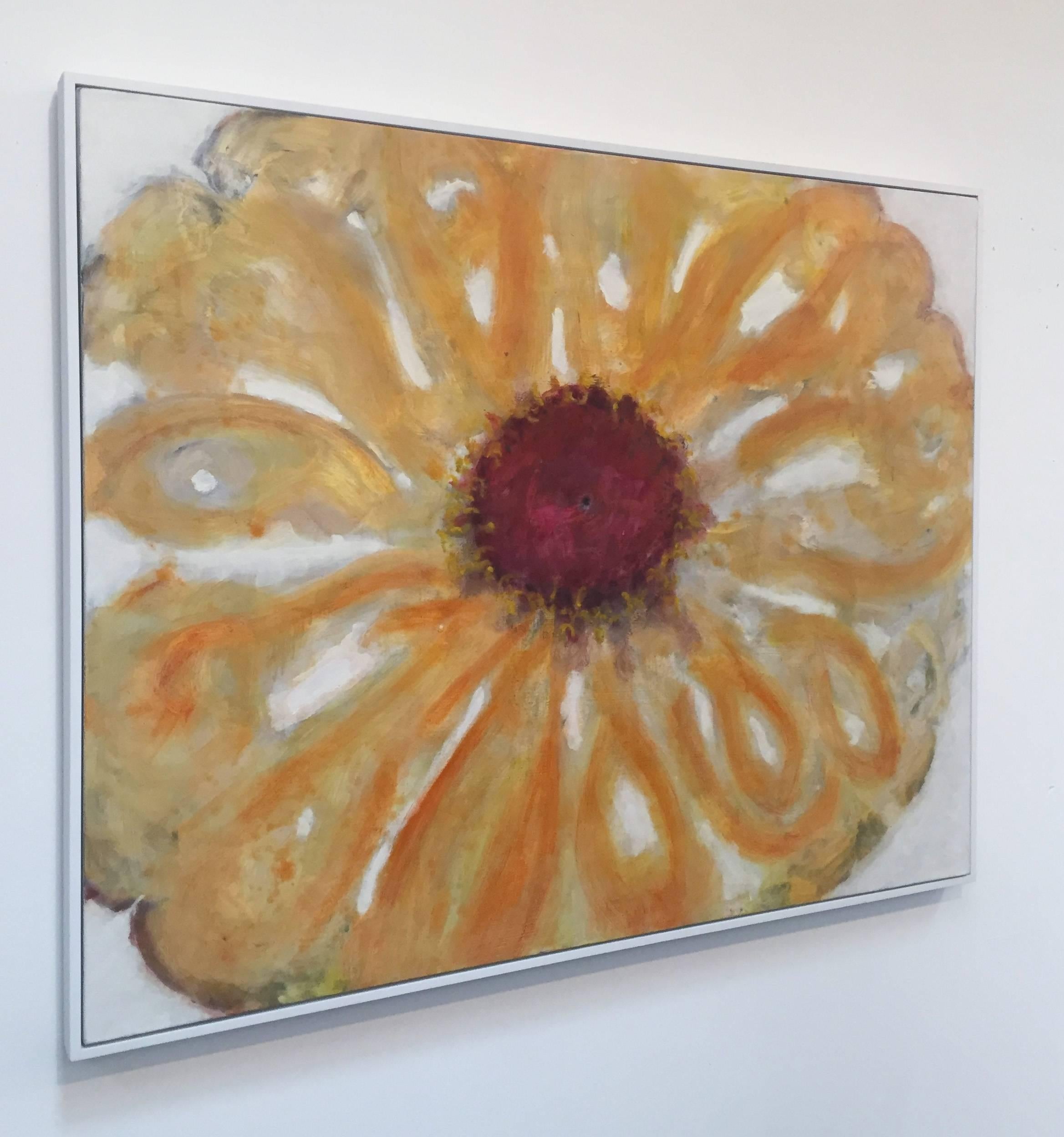 Zinnia orange (Véritable nature morte colorée contemporaine de simple fleur sur blanc) - Painting de David Konigsberg