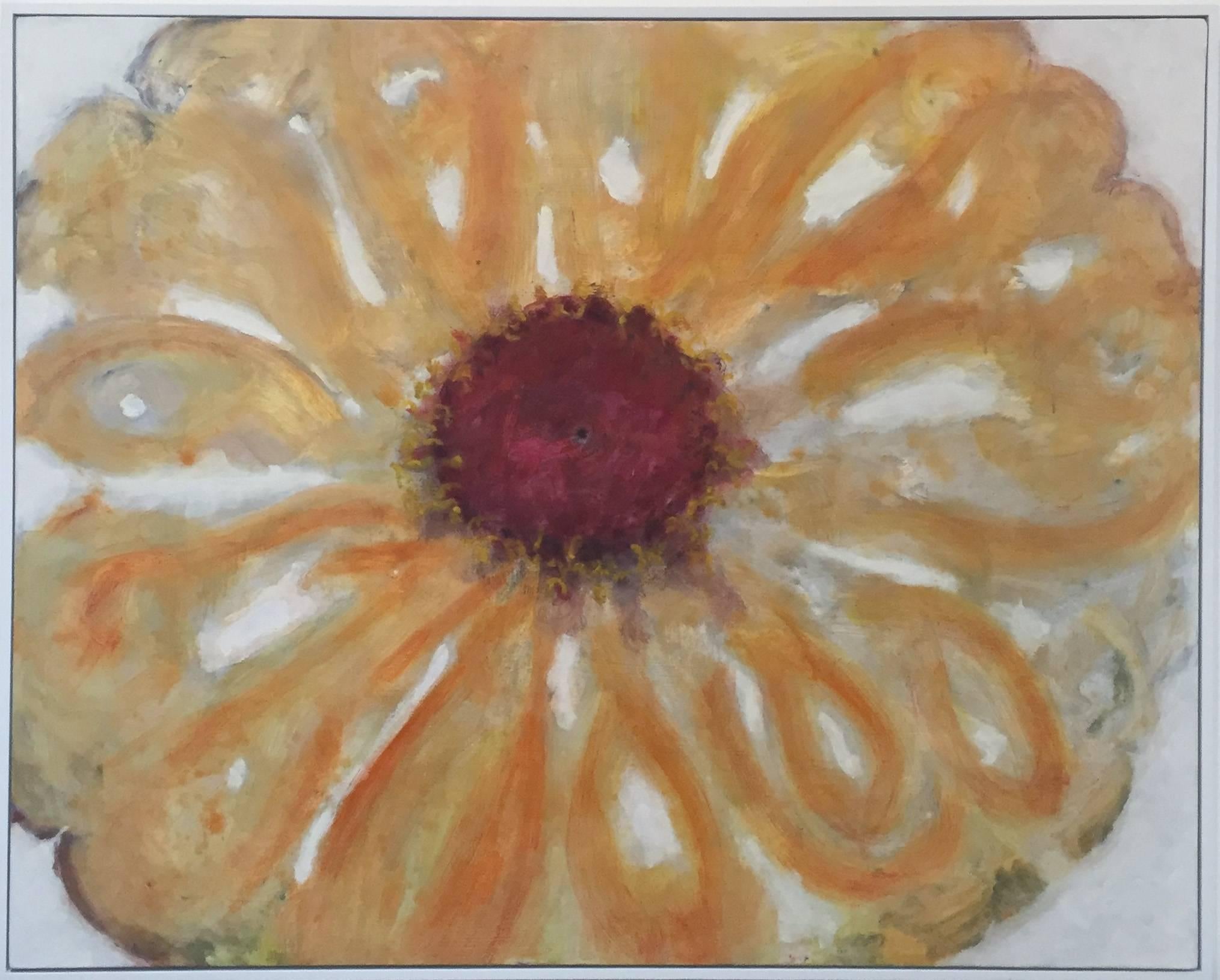 Oil on canvas
44 x 55 x 2 inches
Contemporary white artist made floater frame
This listing is available from Carrie Haddad Gallery, based in Hudson, NY.

Golden color fills the canvas with the lush leaves of a summer zinnia flower in a recent work