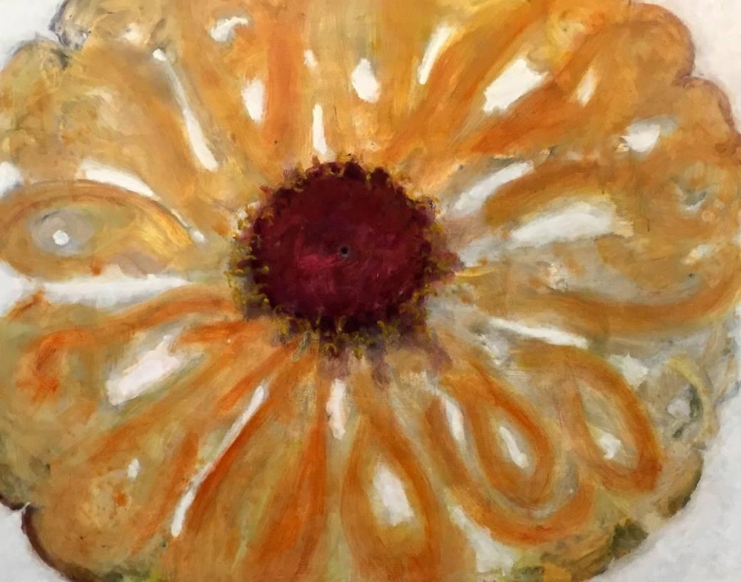 David Konigsberg Figurative Painting – Orange Zinnia (zeitgenössisches farbenfrohes Stillleben einer einfachen Blume auf Weiß)