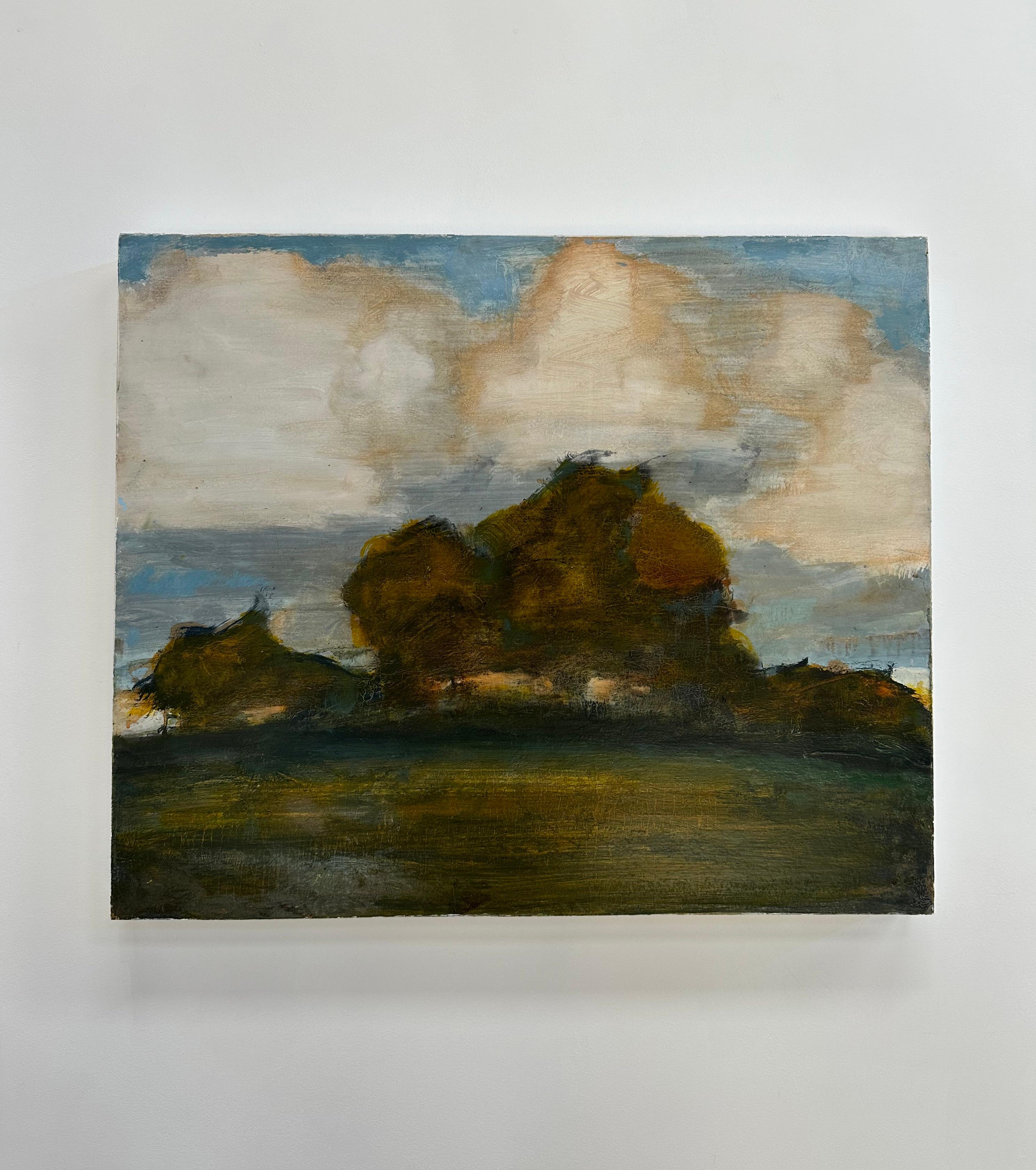 Orchard - Contemporary Landscape Clouds Sky Apple Trees Field, 2024 - Painting by David Konigsberg