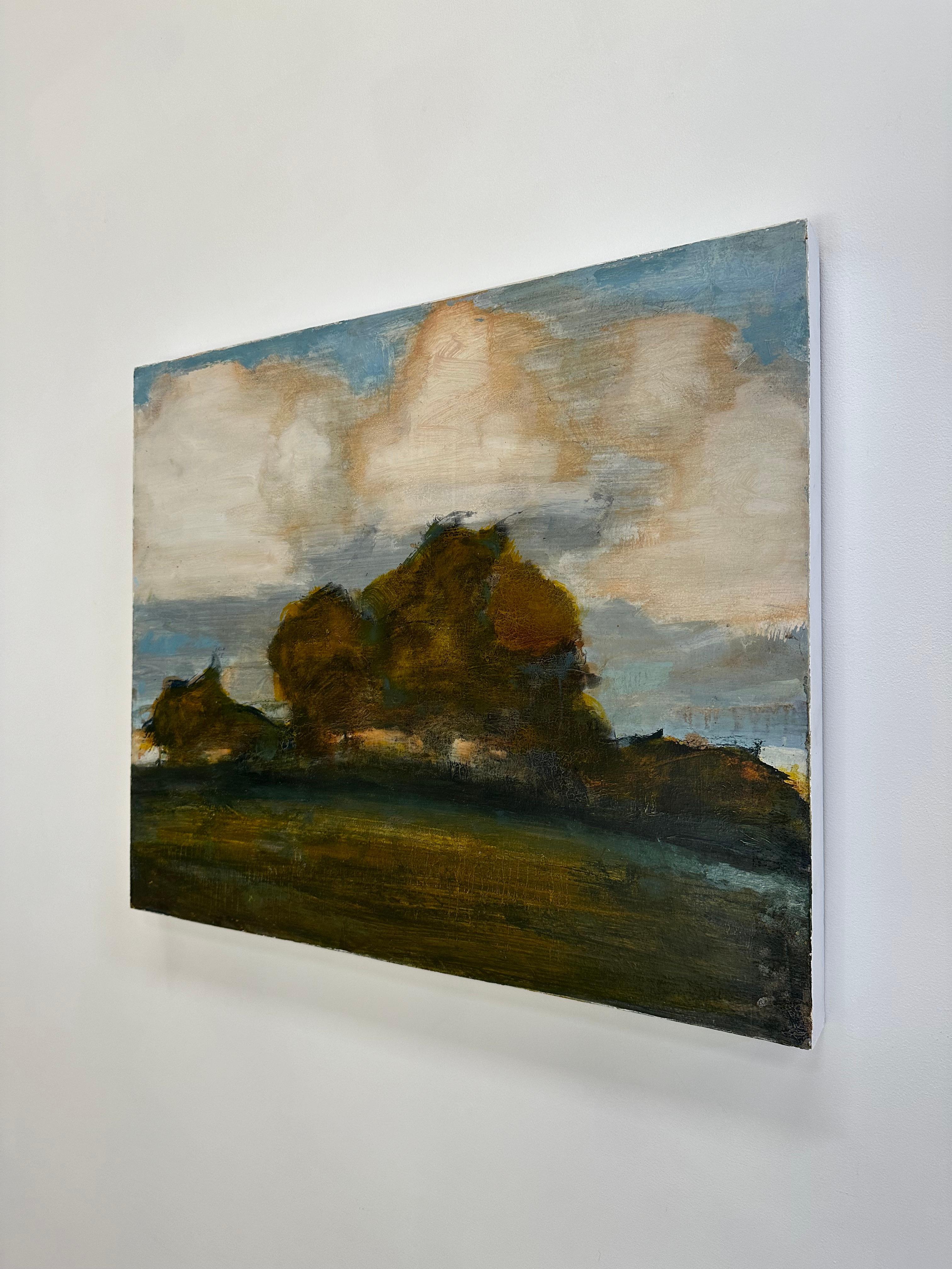 In this contemporary landscape painting in oil on panel, ivory colored cumulus clouds float in an idyllic blue sky over a field of apple trees in golden brown. Signed, dated and titled on verso.

David Konigsberg applies many layers of thinned oil