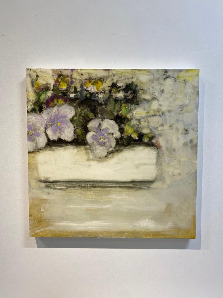 Pansies, Square Botanical Still Life, Lavender, Yellow, White and Green Flowers - Painting by David Konigsberg