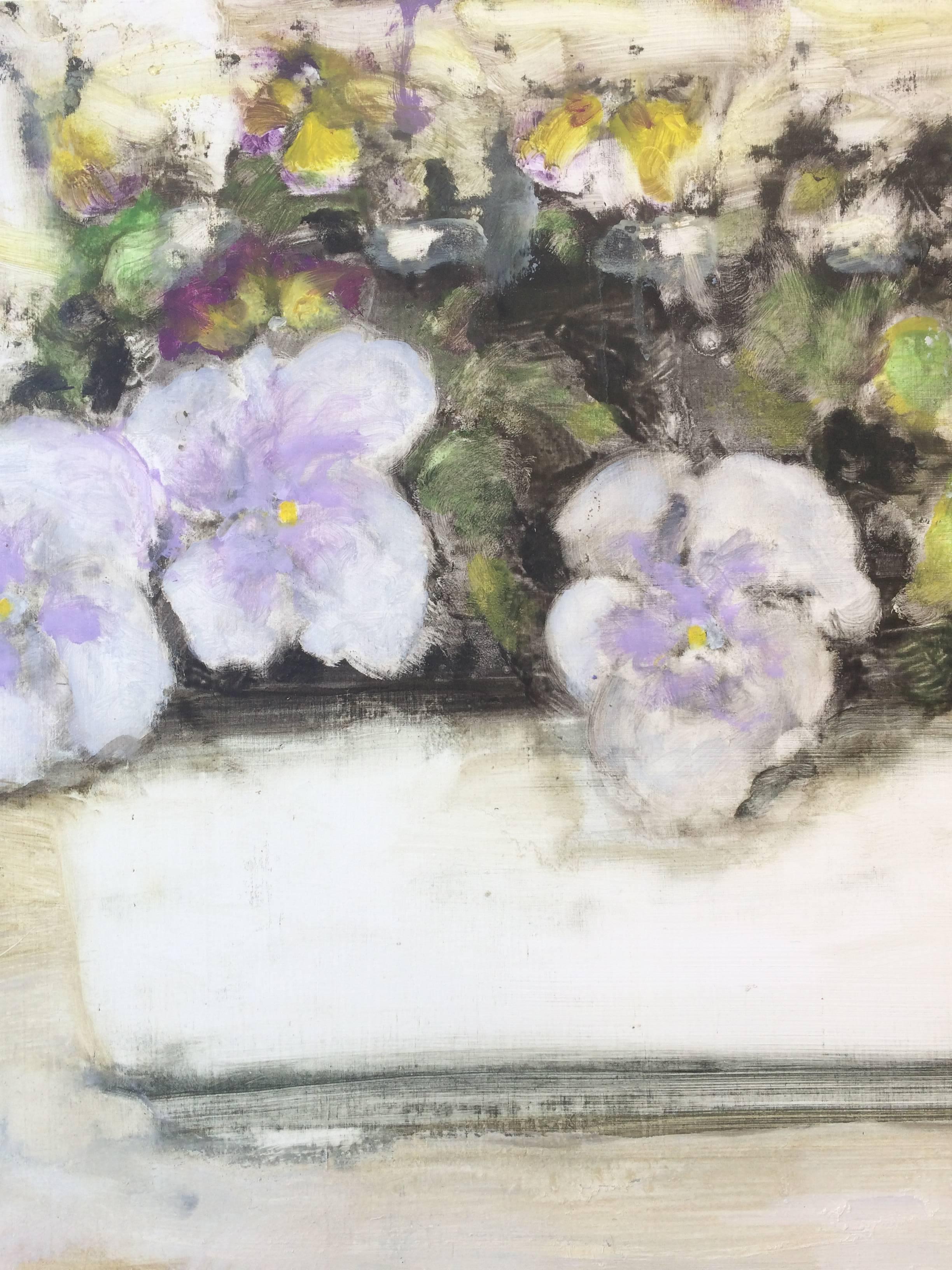 Purple and yellow pansies in a shallow white dish, loose brushwork and a soft palette create a nostalgic, romantic feeling. Signed on verso.

 The  a David Konigsberg bridges the divide between art and real life in narrative paintings that are both