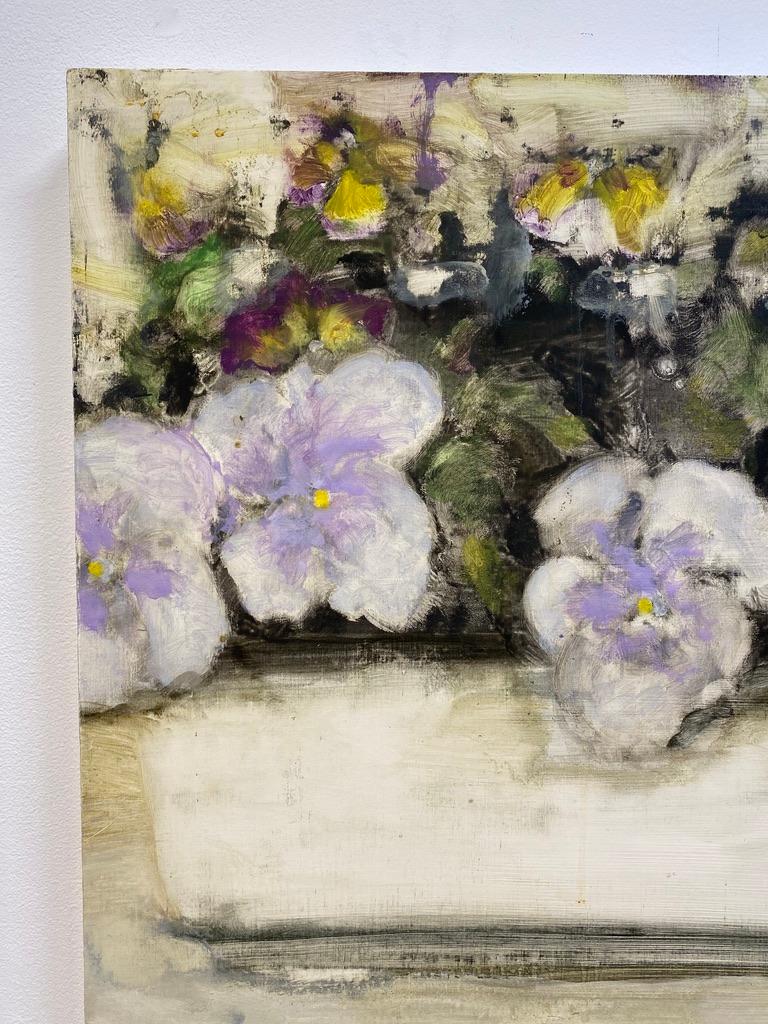 Pansies, Square Botanical Still Life, Lavender, Yellow, White and Green Flowers For Sale 1