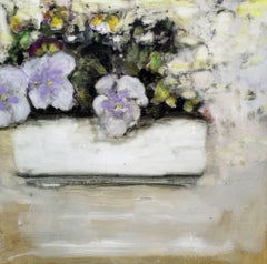 Pansies, Square Botanical Still Life, Lavender, Yellow, White and Green Flowers