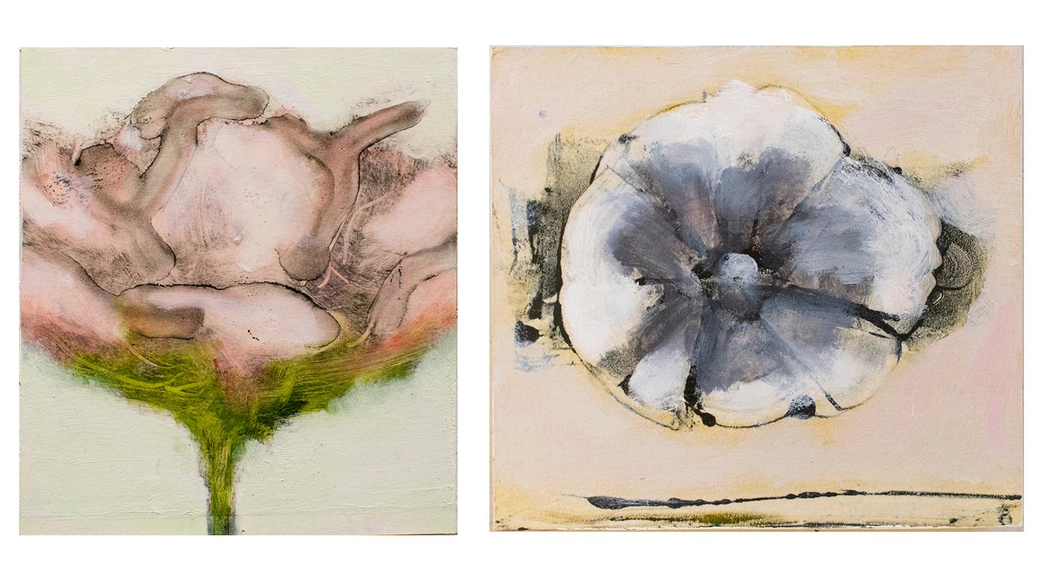David Konigsberg Still-Life Painting - Pink Peony & White Pansy: Pair of Contemporary Miniature Floral Paintings, Panel