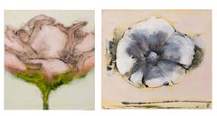 Pink Peony & White Pansy: Pair of Contemporary Miniature Floral Paintings, Panel