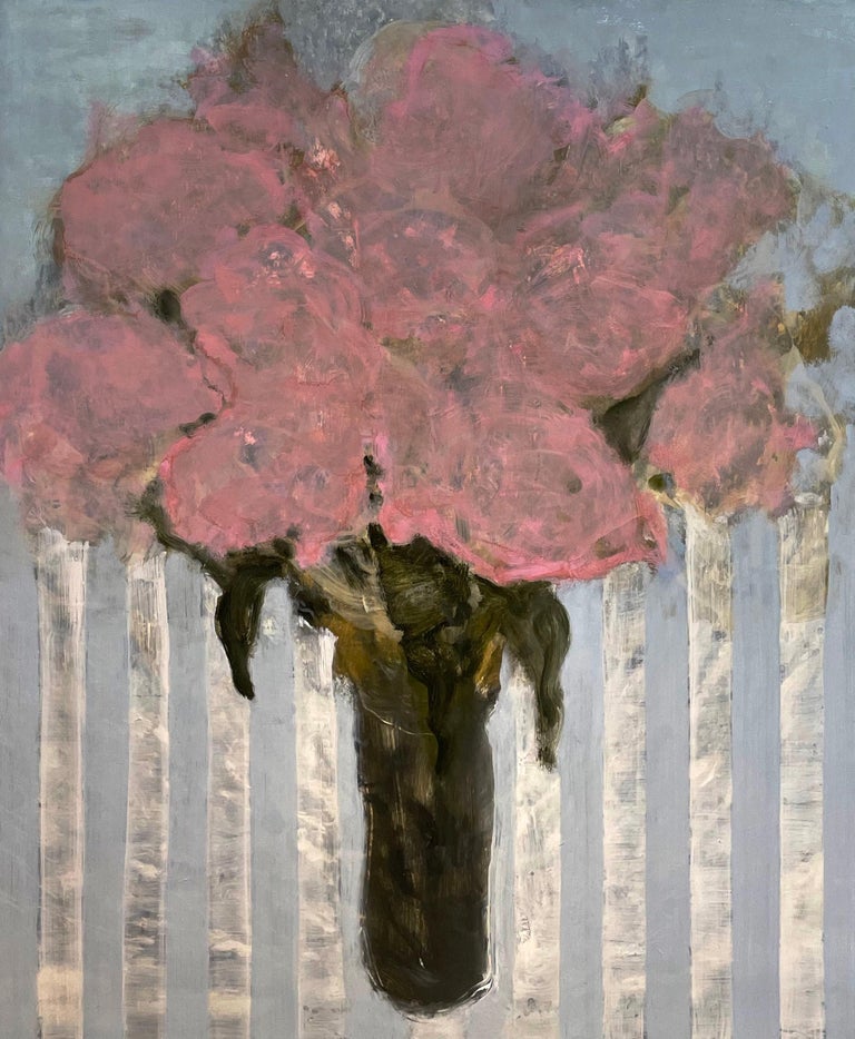 David Konigsberg Still-Life Painting - Pinks on Blue Striped Tablecloth, Botanical Still Life Painting of Pink Flowers