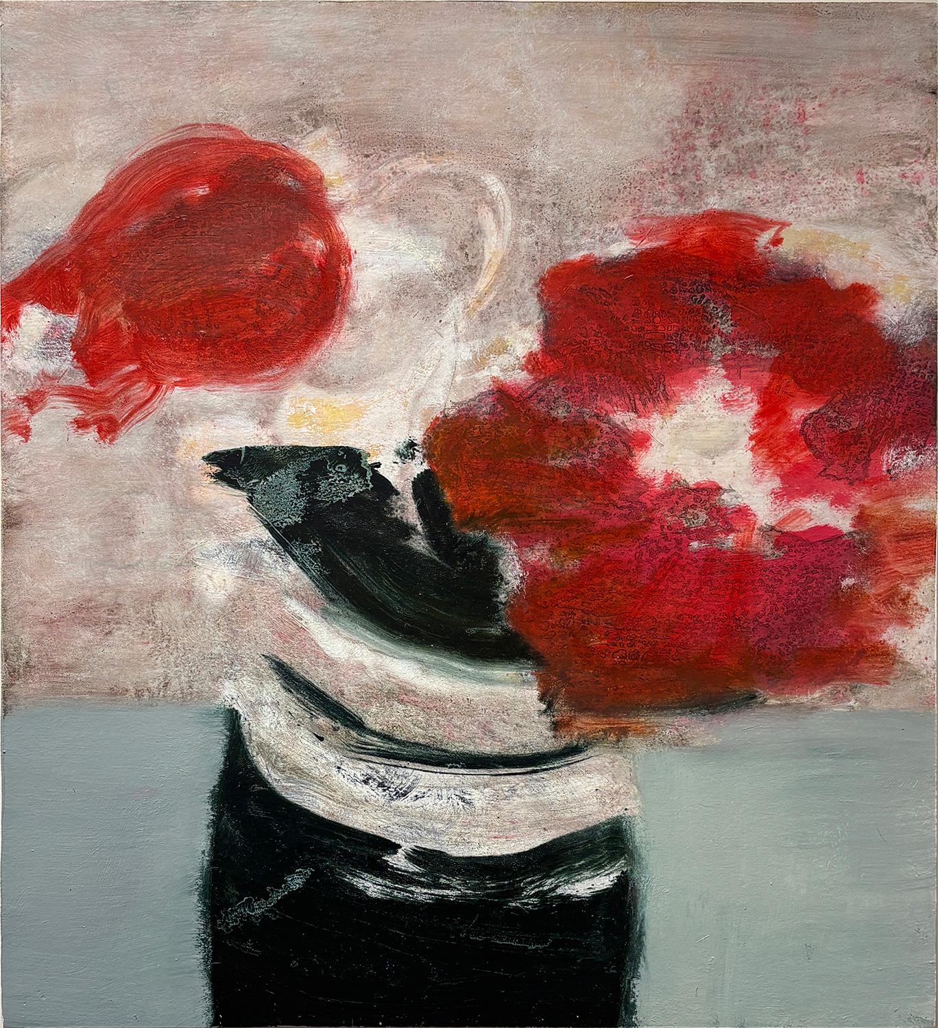 Rosso (Fiori rossi astratti in vaso verde scuro)