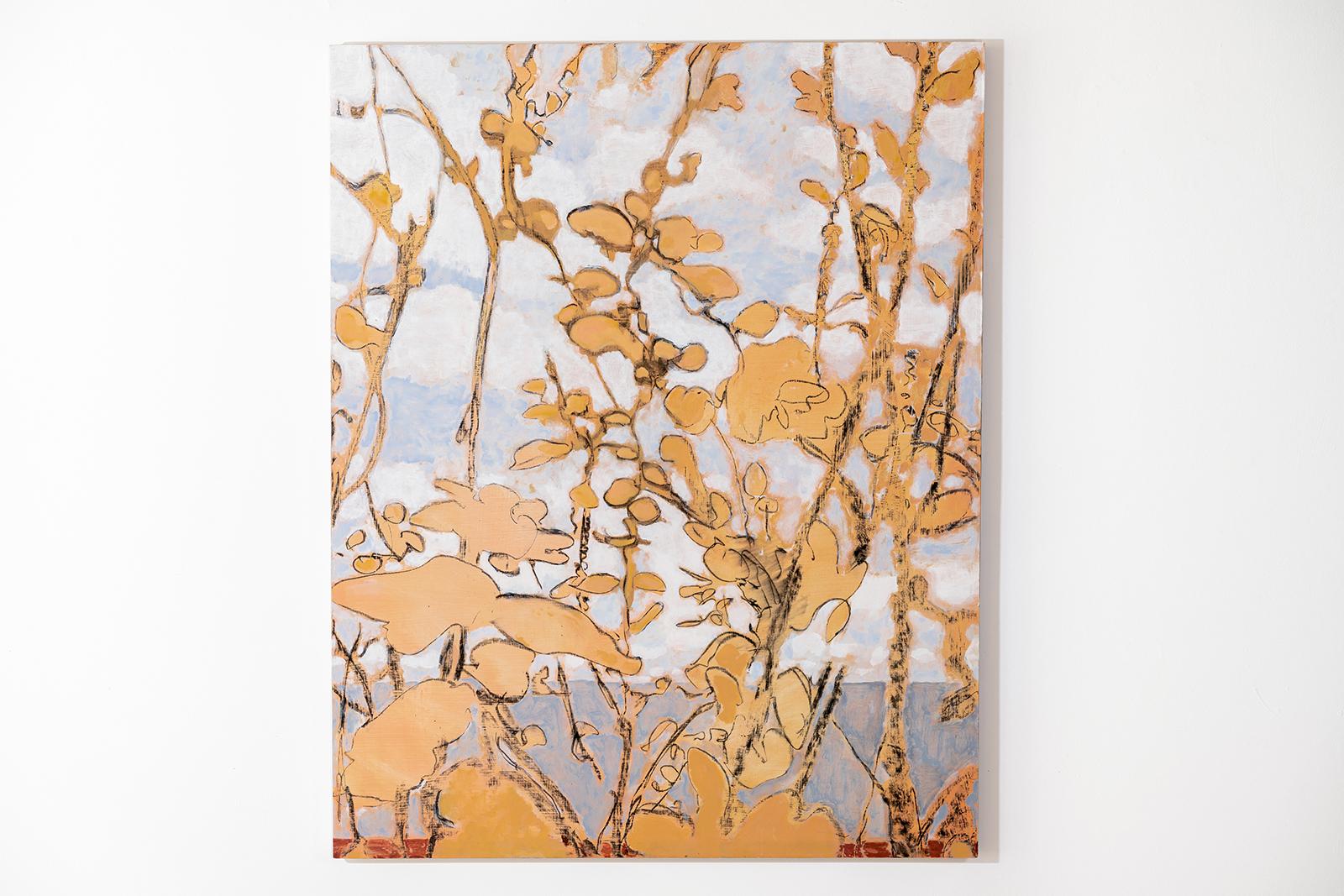 Ridge (Abstrakte Landschaft eines pfirsichfarbenen Blattwerks auf blauem Himmel) von David Konigsberg im Angebot 1