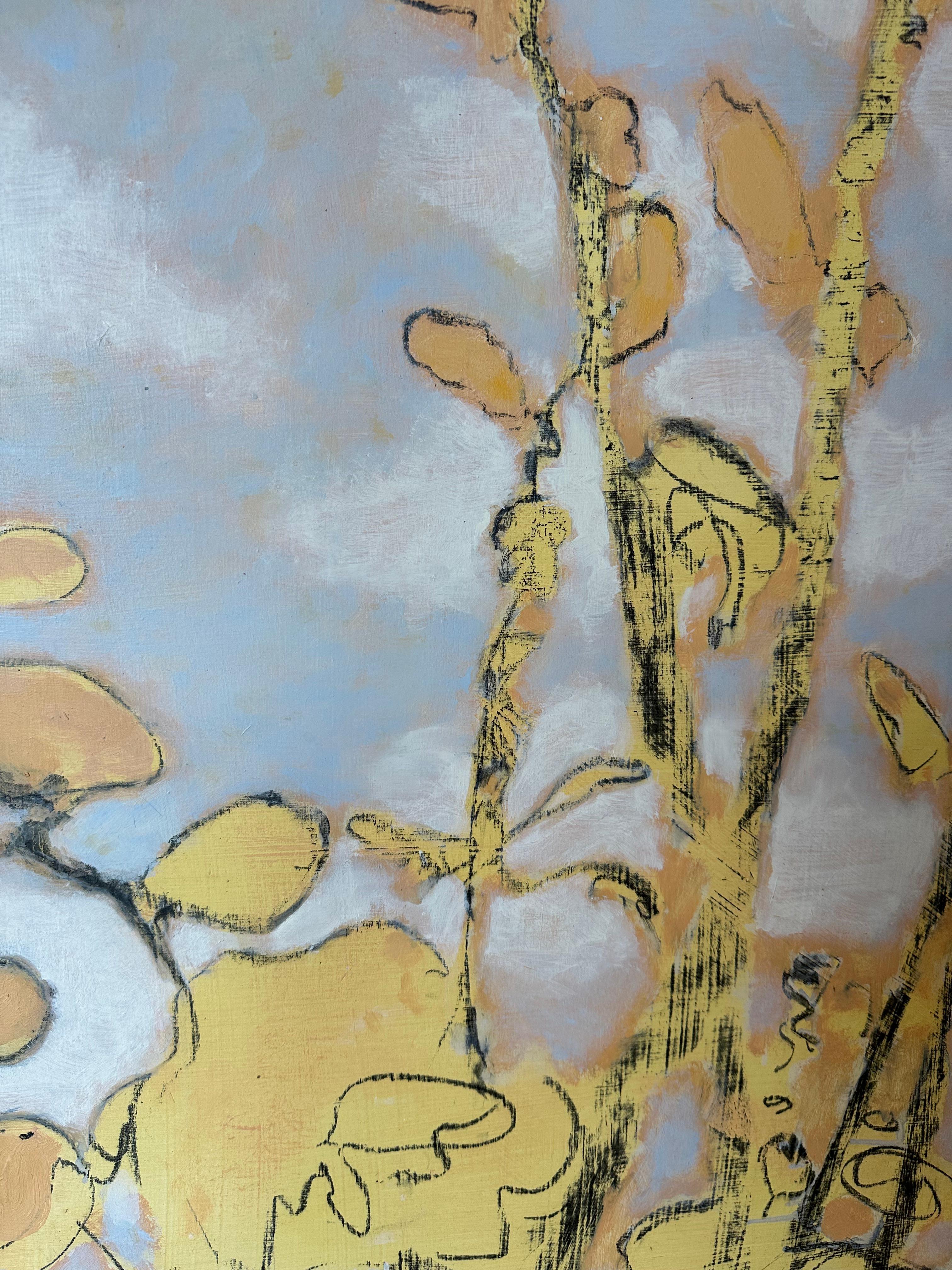 Ridge, Botanical Golden Ochre Field, Mountain Landscape, Blue Sky, White Clouds - Painting by David Konigsberg
