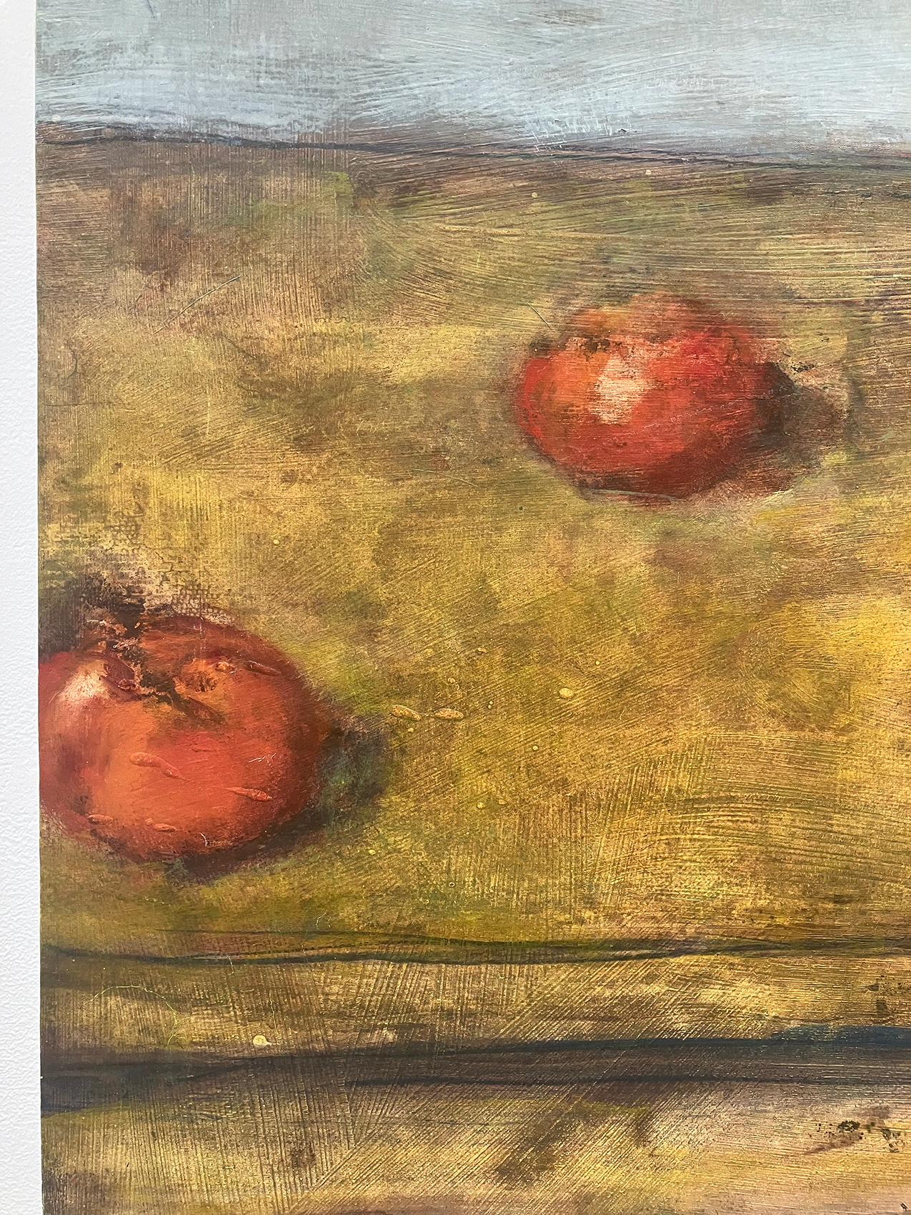 Impressionist still life painting on panel of red tomatoes on a rustic wood table with a pale blue background
