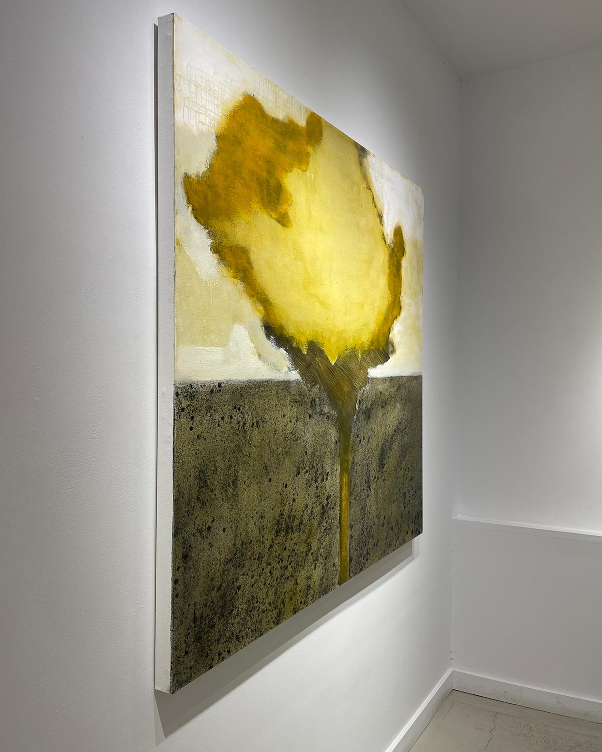 Large abstract landscape with a gesturally painted warm yellow flower in the foreground
