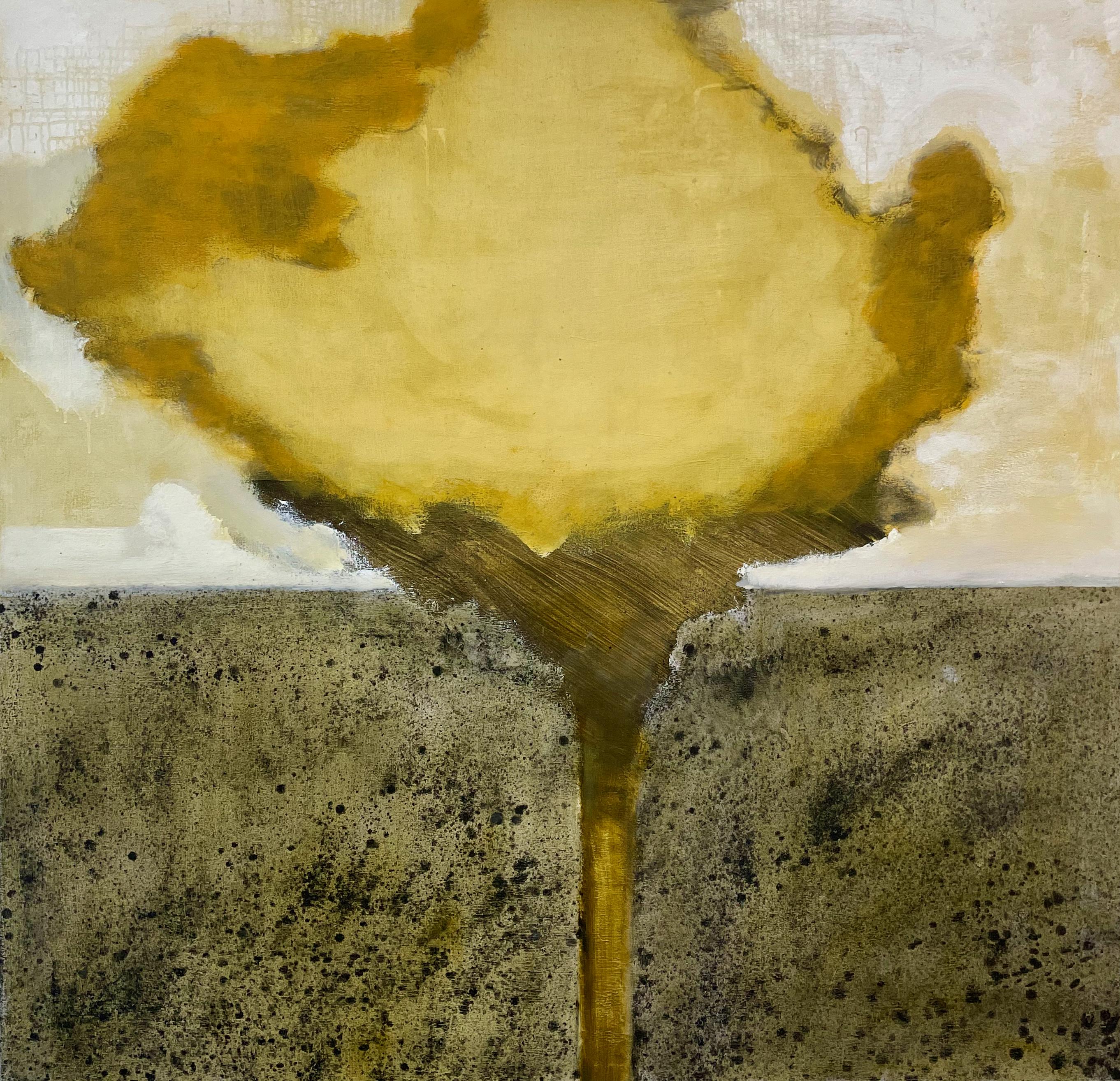 Still-Life Painting David Konigsberg - Seedhead & Field (grand paysage abstrait avec fleur jaune au fond)