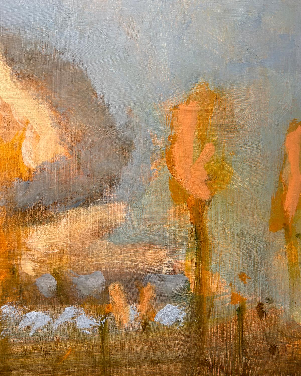 Settembre (Paesaggio espressionistico di nuvole e campi di fiori) - Still-Life Painting Grigio di David Konigsberg