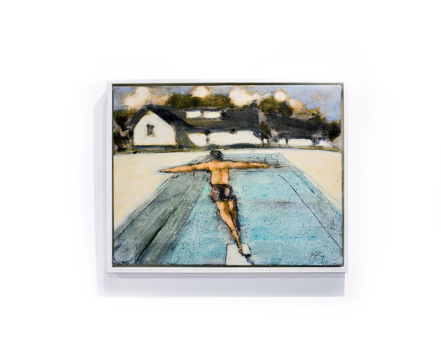 Gestural figurative painting of abstracted landscape and swimmer with blue pool by David Konigsberg
Springboard, painted in 2008 by David Konigsberg
19 1/2