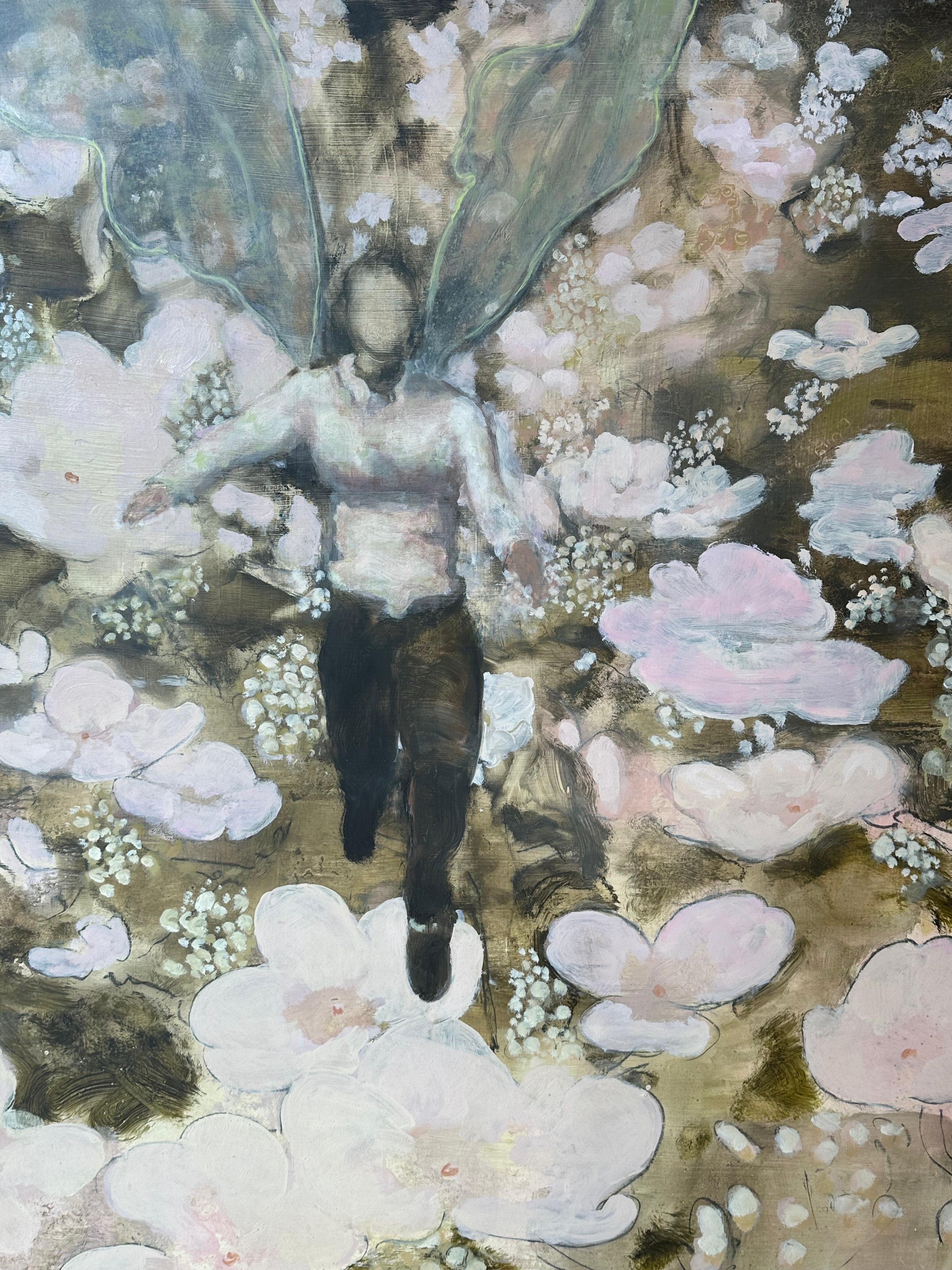 Sprit und Anemone – Fliegende Märchenfigur mit botanischen rosa Blumen, 2022 (Grau), Figurative Painting, von David Konigsberg