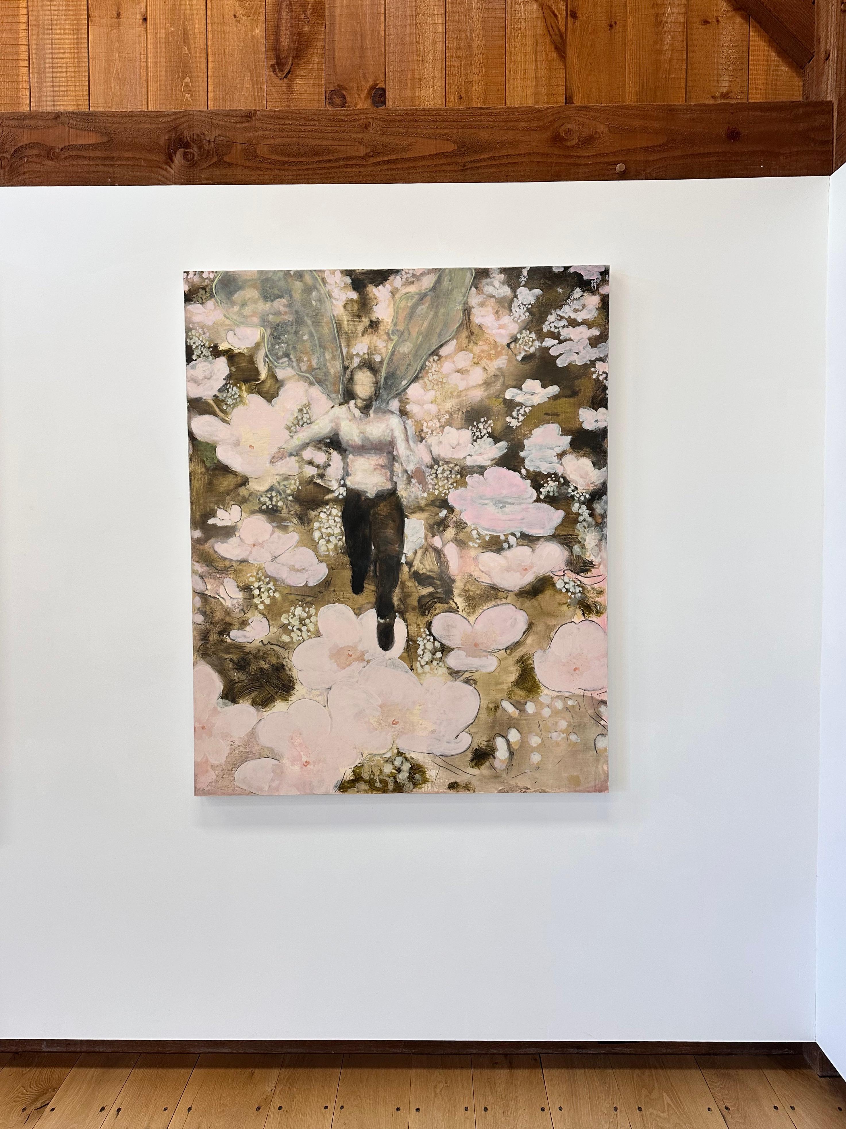 Sprit und Anemone – Fliegende Märchenfigur mit botanischen rosa Blumen, 2022 – Painting von David Konigsberg