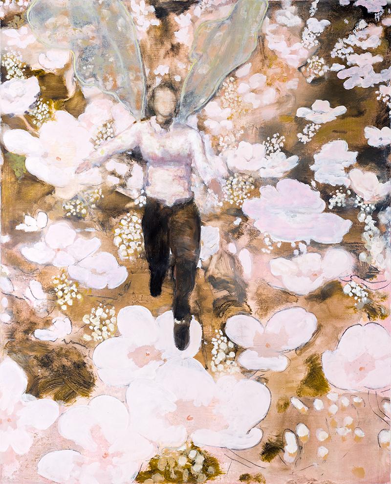 Skurriles Ölgemälde "Geflügelt in rosa Blumen" von Spritz und Anemone