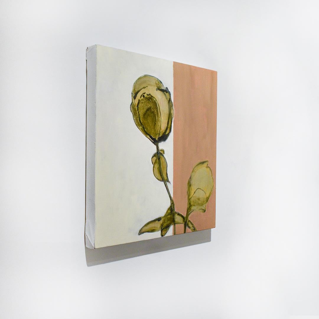 Abstract still life painting of dark yellow flowers on a white and brushed pink background

