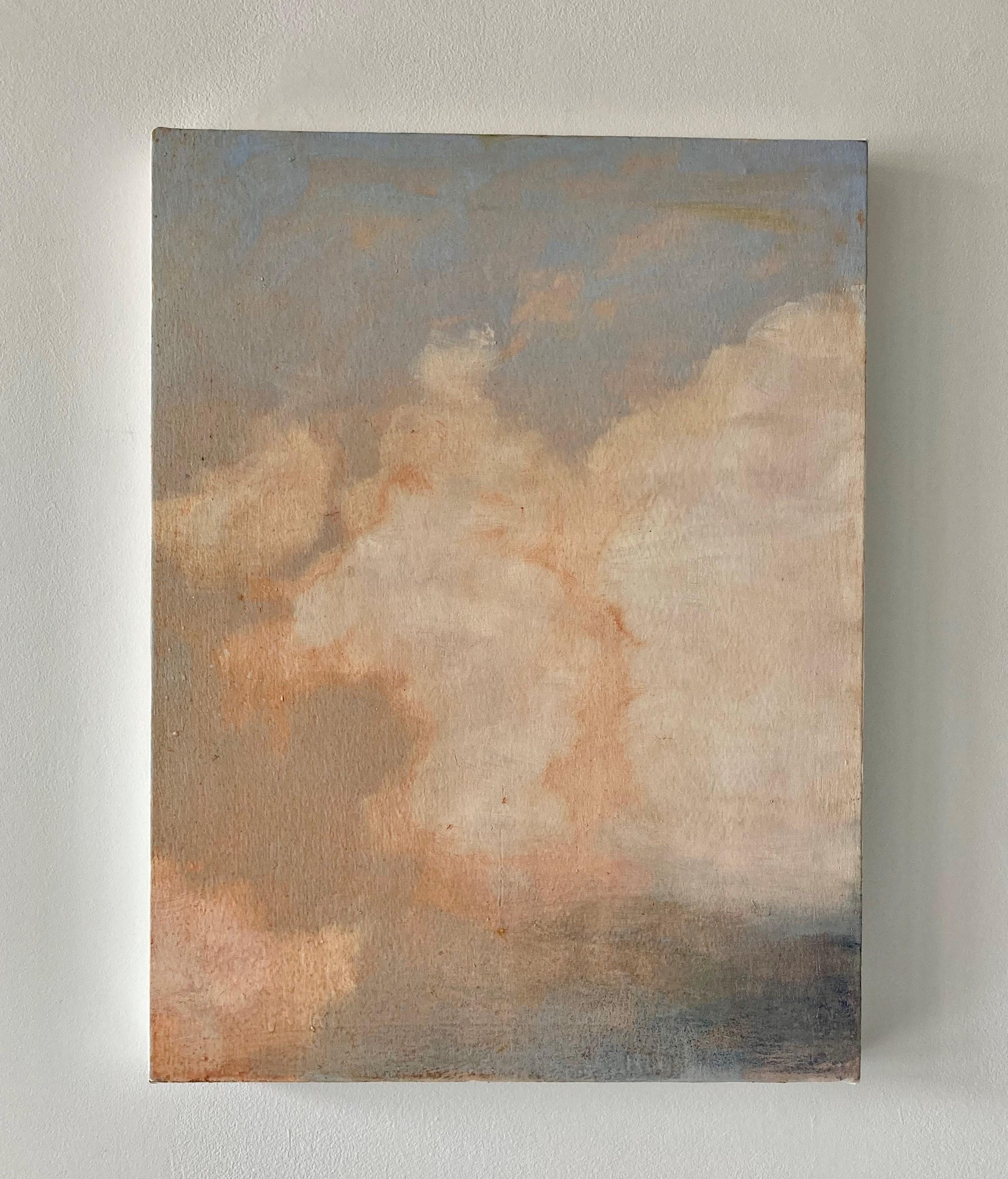 Summer Cloud One, Ivory Clouds, Pale Lilac Blue, Peach Skyscape - Painting by David Konigsberg