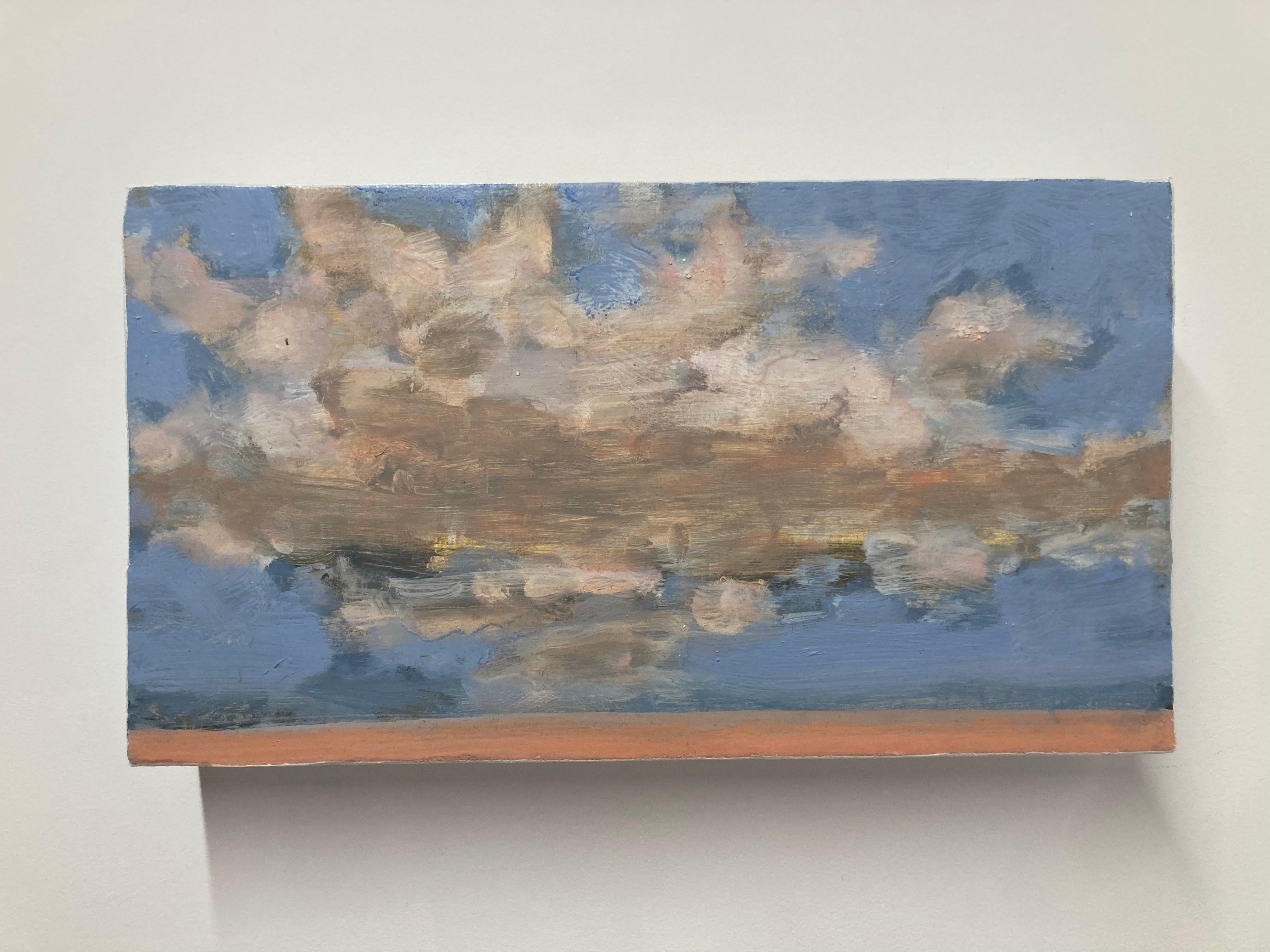 Fluffy, ivory clouds with warm glimmers of pale peach and hints of light yellow float in an idyllic blue sky over a sandy beach. Signed, dated and titled on verso.

David Konigsberg applies many layers of thinned oil paint to achieve his atmospheric