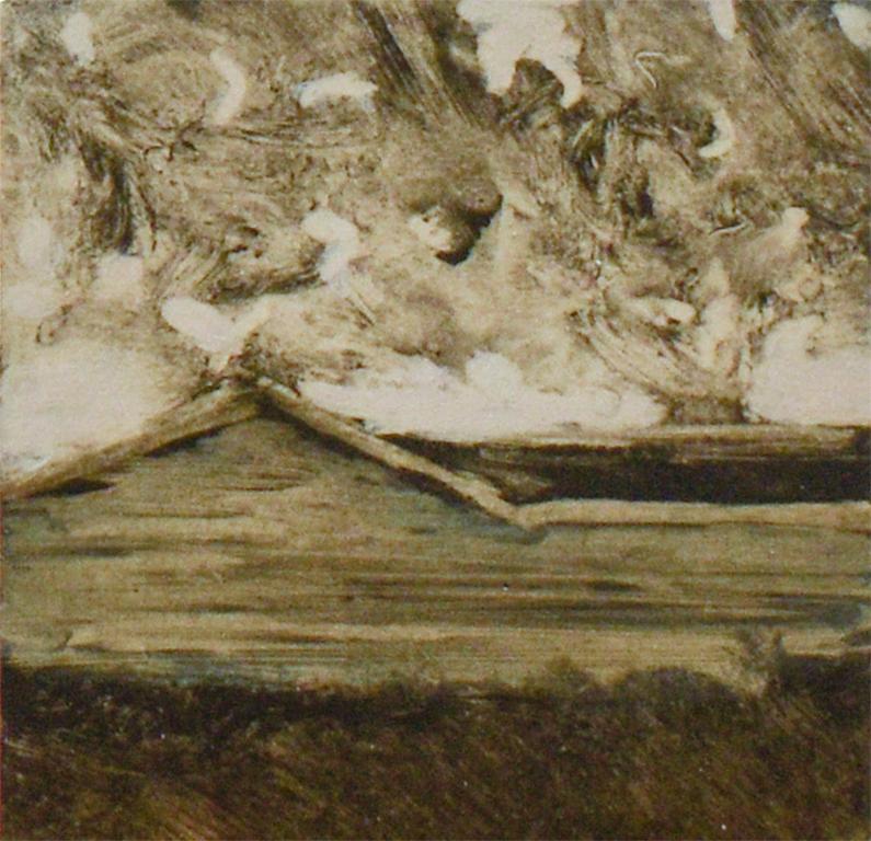House and Bog, Shack #2, Shack #3 
(Contemporary Miniature Triptych Landscape Paintings on Wood Panel)
Monotype on Paper and Oil, Mounted on Panel
Painted by David Konigsberg in 2019
Signed, verso

House and Bog measures 4.75 x 5.8 inches 
Shack #2
