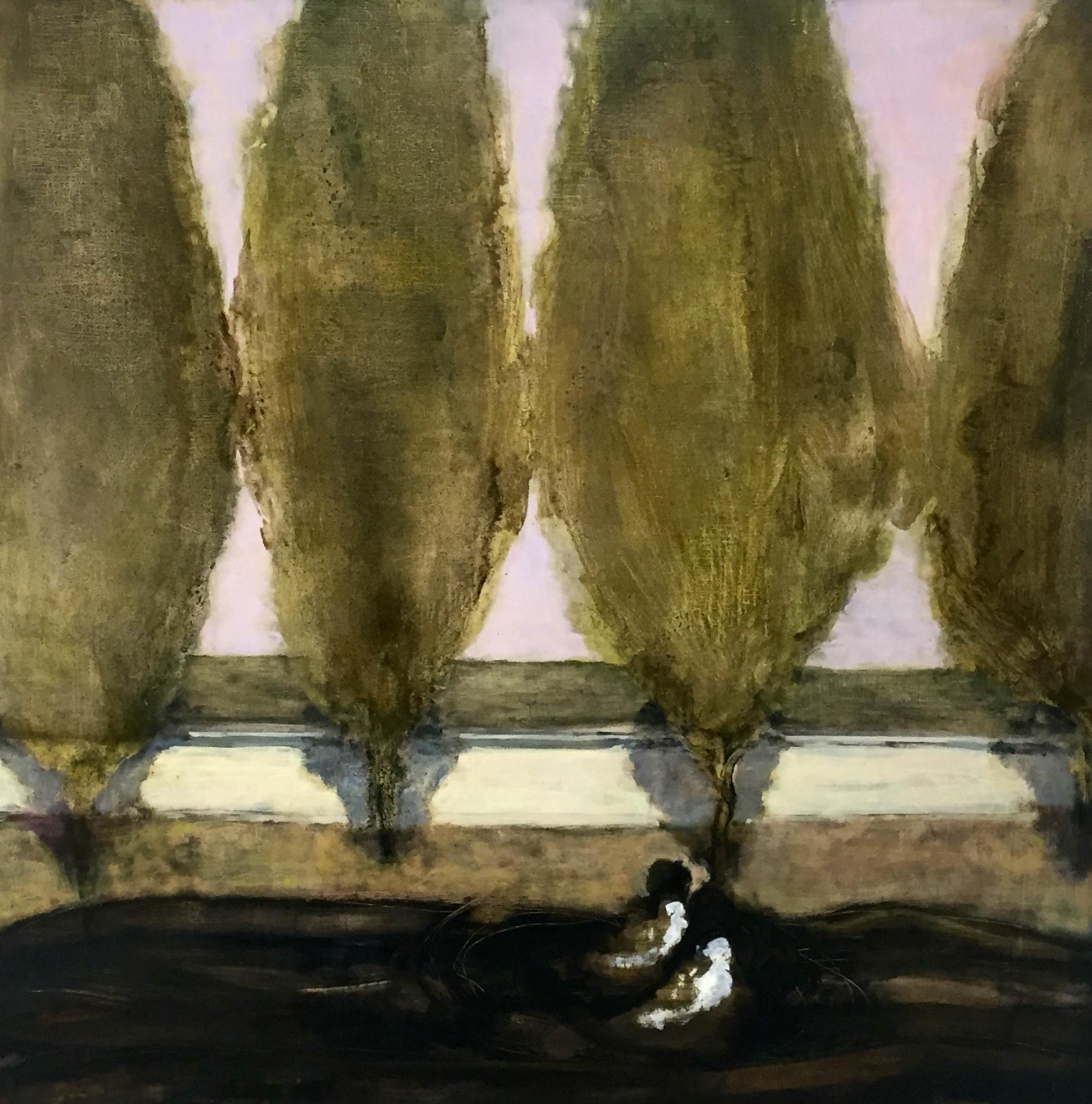 David Konigsberg Figurative Painting - Tooling, Square Landscape Painting of Two Figures in Car with Row of Green Trees