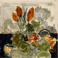 Tulips - Contemporary Still Life Orange Tulip Flowers Green Stems Leaves, 2026