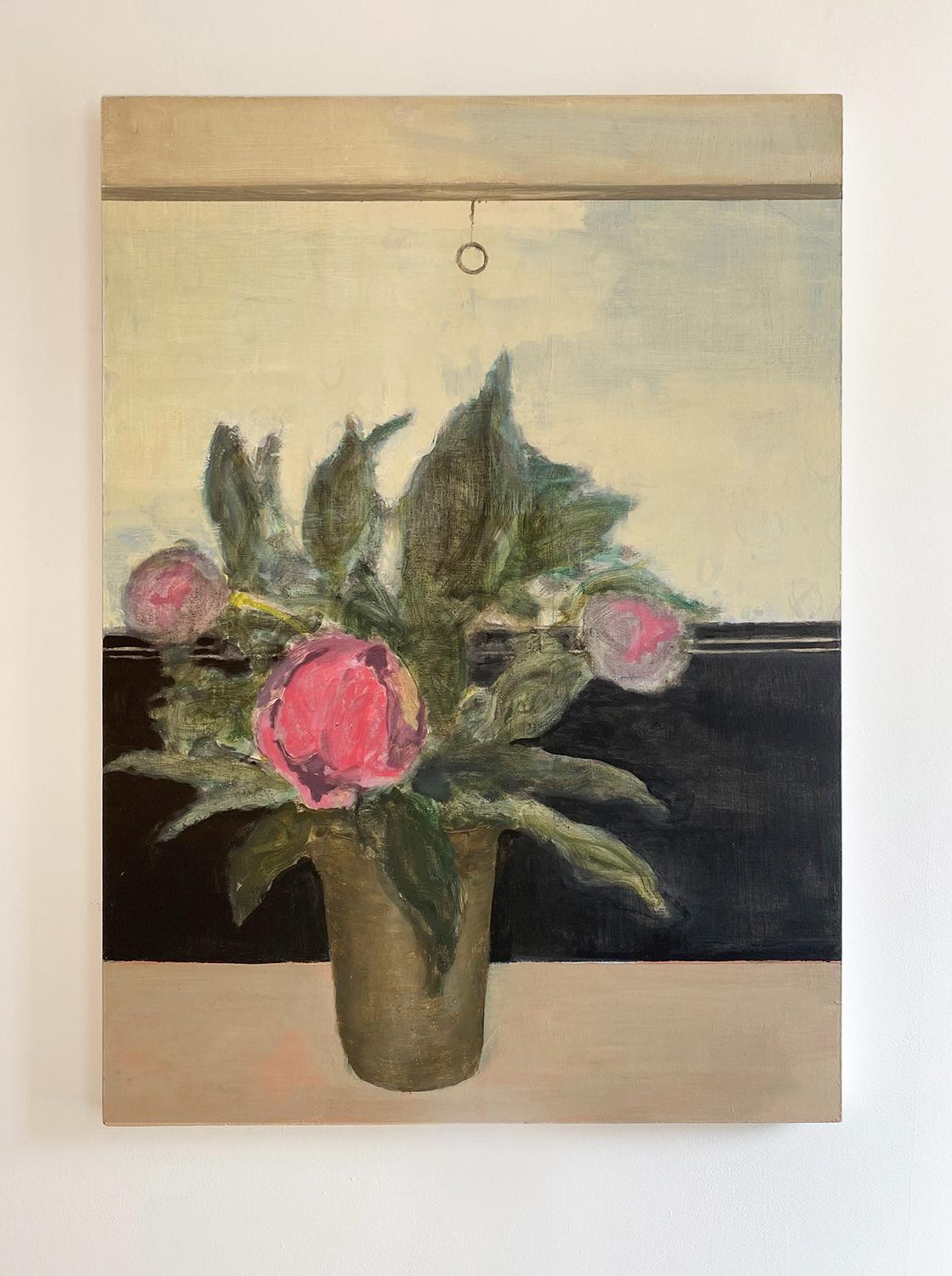 Vase im Fenster (Impressionistisches Blumenstillleben mit rosa Pfingstrosen) – Painting von David Konigsberg