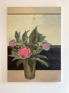 Vase in the Window (Impressionist Floral Still Life Painting of Pink Peonies)