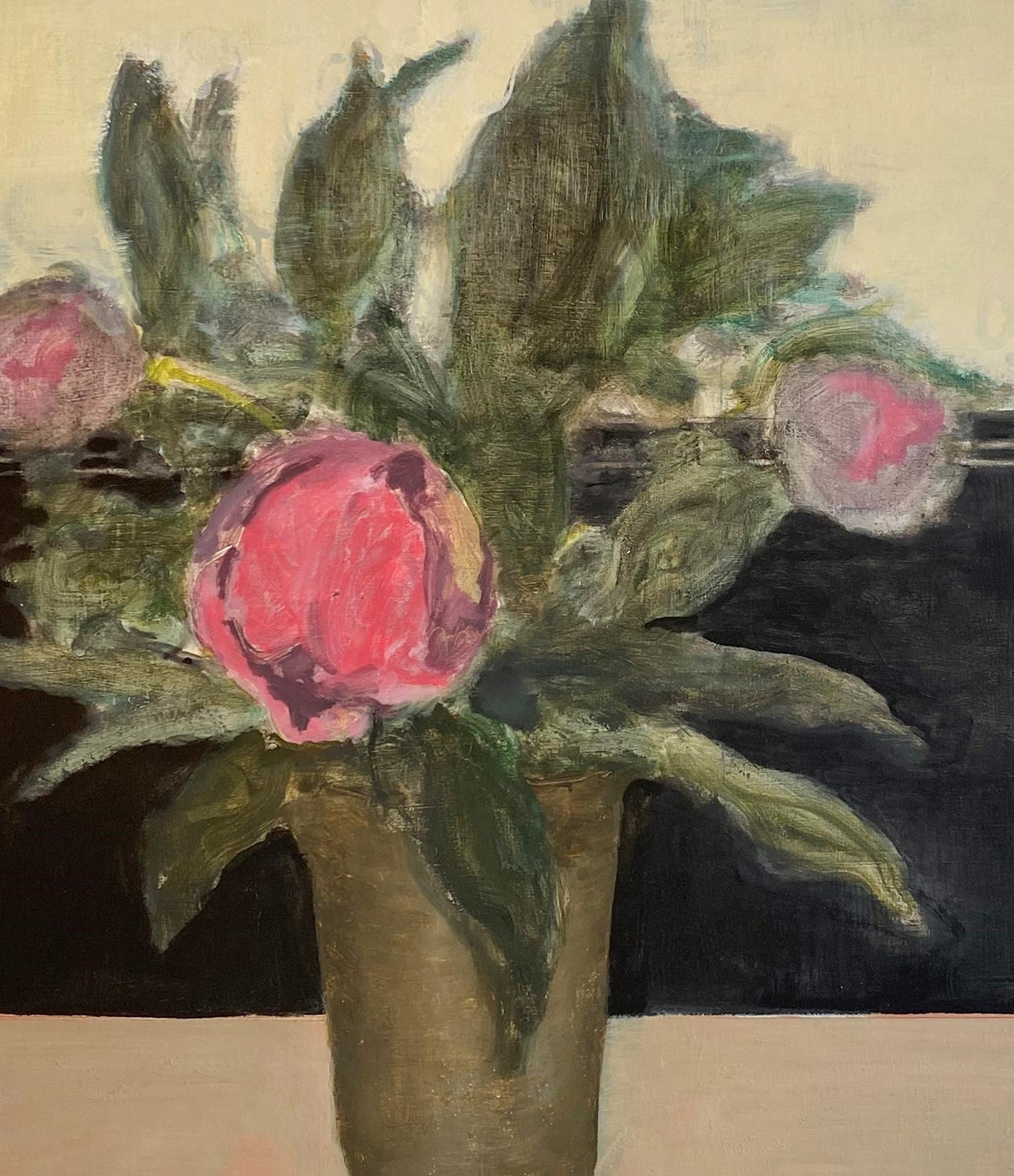 Vase in the Window (Impressionist Floral Still Life Painting of Pink Peonies) - Brown Interior Painting by David Konigsberg